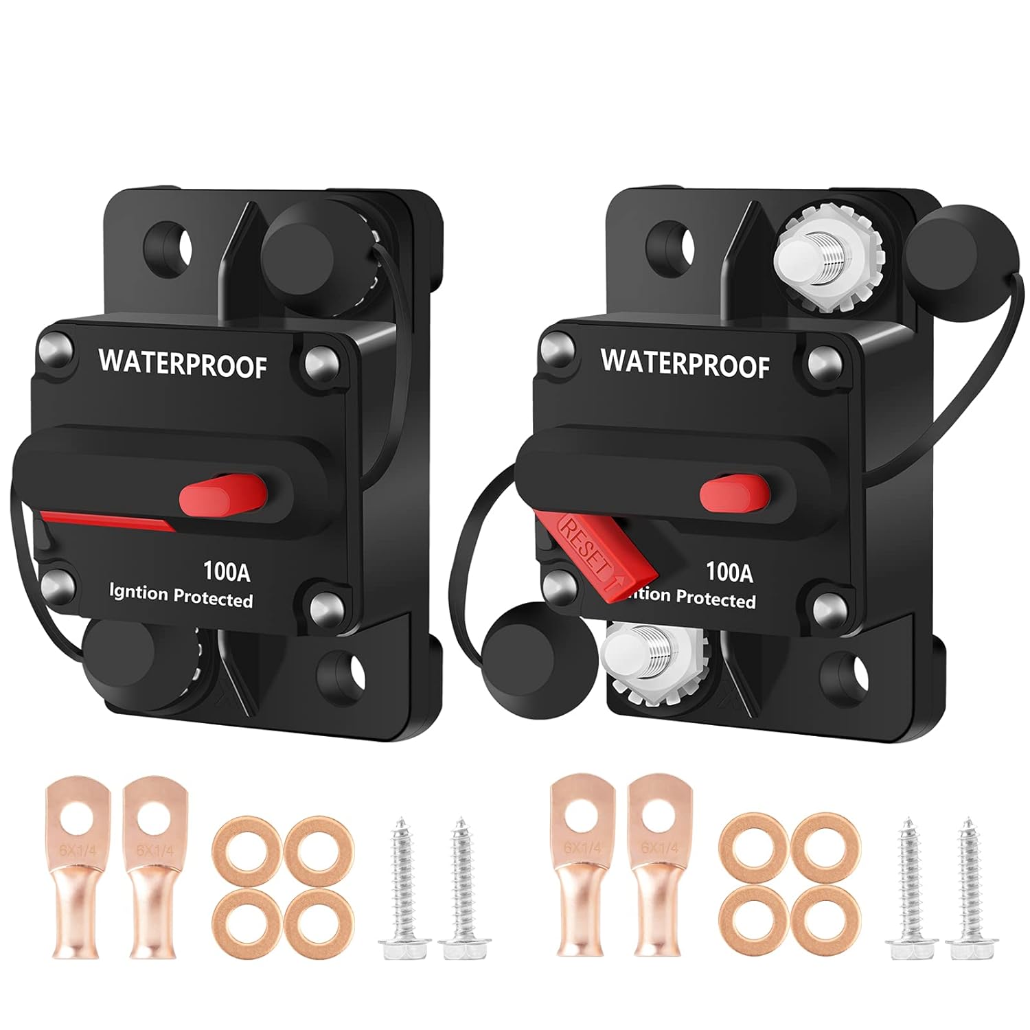 DaierTek 100 Amp Circuit Breaker 12V - 48V, DC 12 Volt Circuit Breaker 100A Inline with Manual Reset Waterproof for Marine Boat Trolling Automotive Car RV ATV Audio-2Pack
