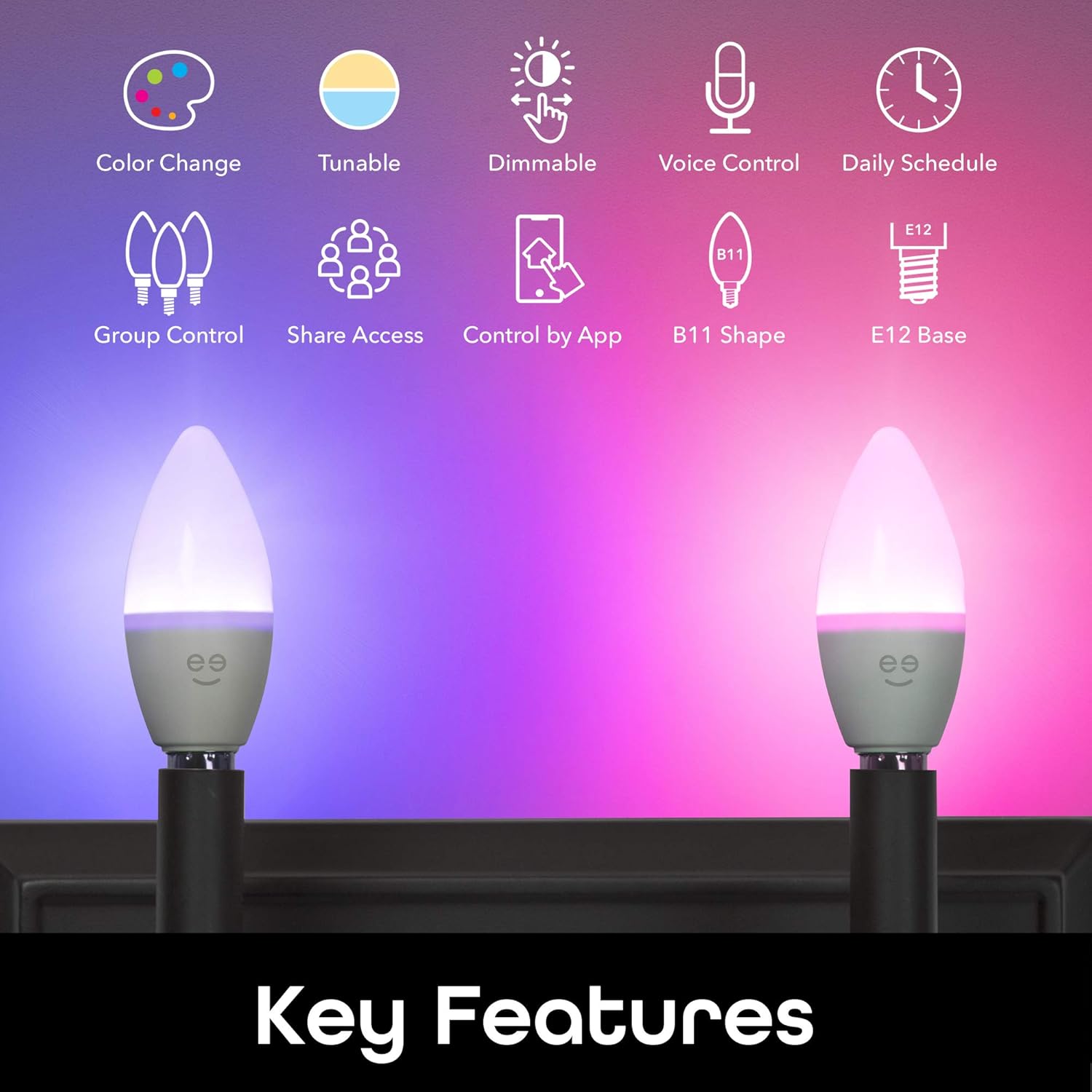 Geeni Prisma Plus Candle Wi-Fi LED Smart Bulb, B11 Candelabra, 4W, E12 Base 350lm Tunable and Dimmable RGB Bulb, Compatible with Alexa and The Google Assistant, No Hub Required (4 Pack) Pack of 2