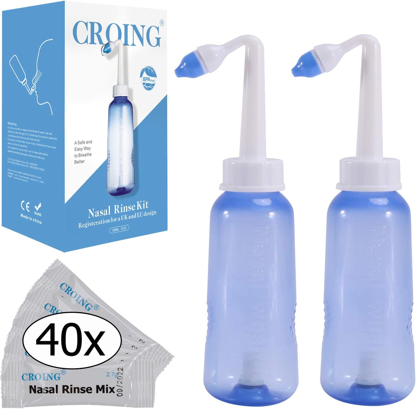 Croing 2 Neti Pots with 40 Salt Packs for Nasal Irrigation, BPA Free, Nasal Rinse Bottle for Relieves Nasal Congestion and Irritation, All Natural Pre-Mixed Buffered Saline Packets, PH Balanced