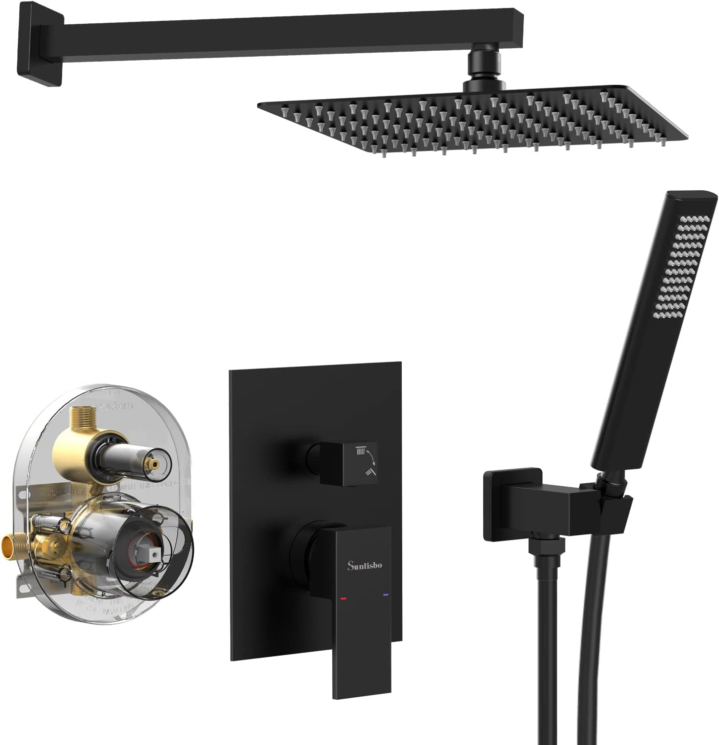 Shower Faucet Set, Matte Black Waterfall Tub Faucet Combo Set for Bathroom with High Pressure 12 Inch Rain Shower head and Handheld Shower, Wall Mounted Tub Filler Spout Shower Trim Valve and Diverter