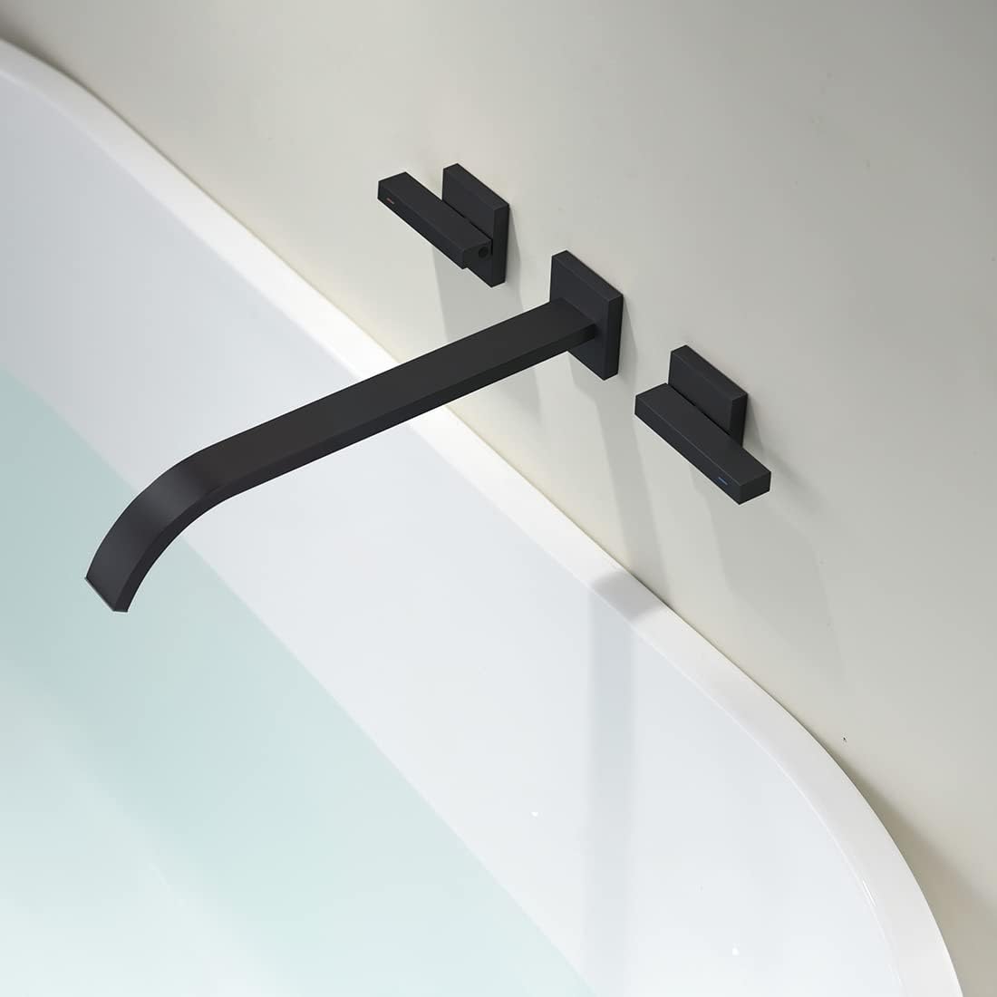 Wall Mount Tub Faucet Matte Black Bathroom Tub Filler High Flow 2 Handles Bath Filler Faucet Solid Brass Bathroom Basin Faucet with Long Reach Spout,BY01-TB