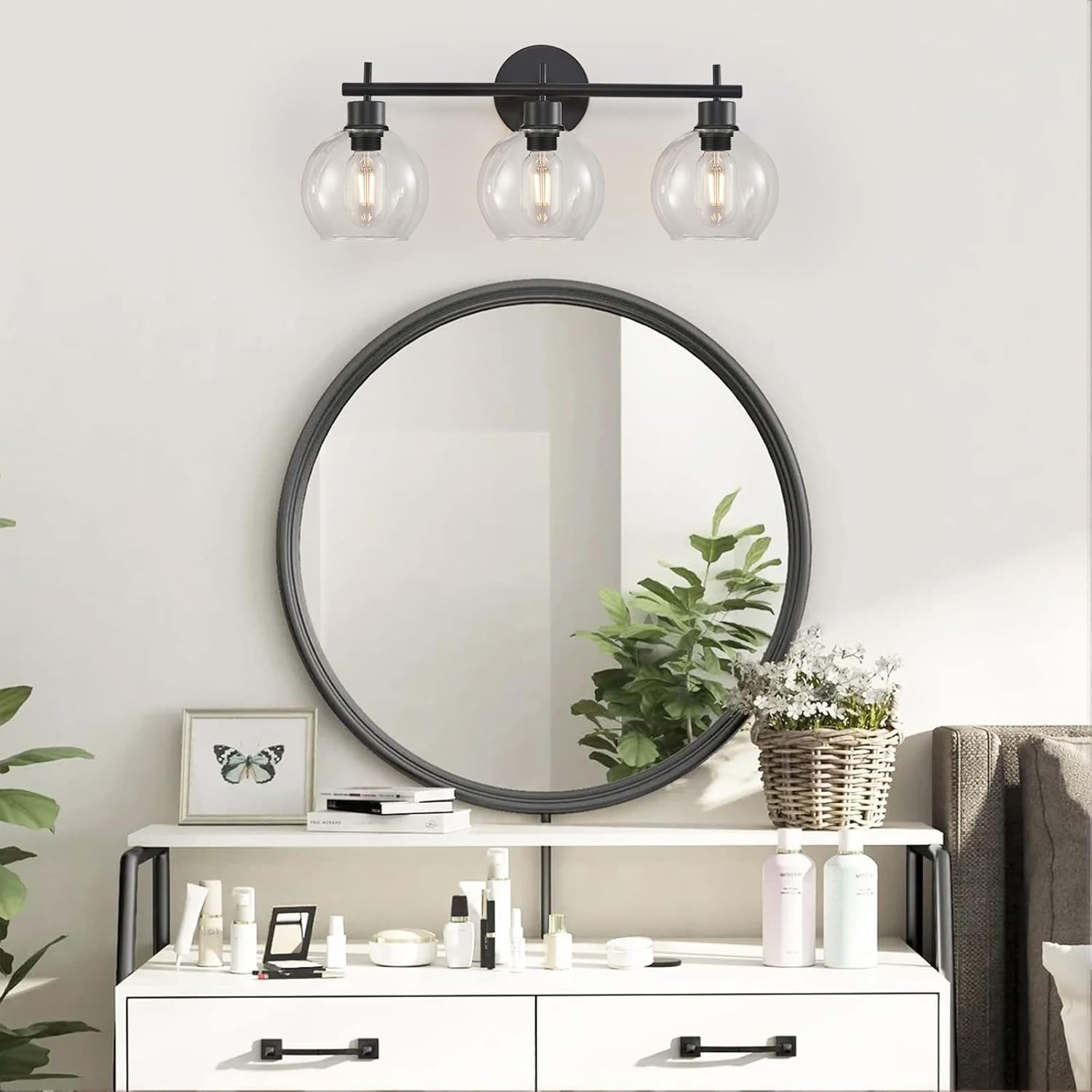 Bathroom Light Fixtures, 3 Light Globe Black Bathroom Vanity Light, Vanity Lights with Metal Base, Clear Glass Globe Shades, Bathroom Light for Mirror, Bedroom, Living Room, Kitchen, Stairs