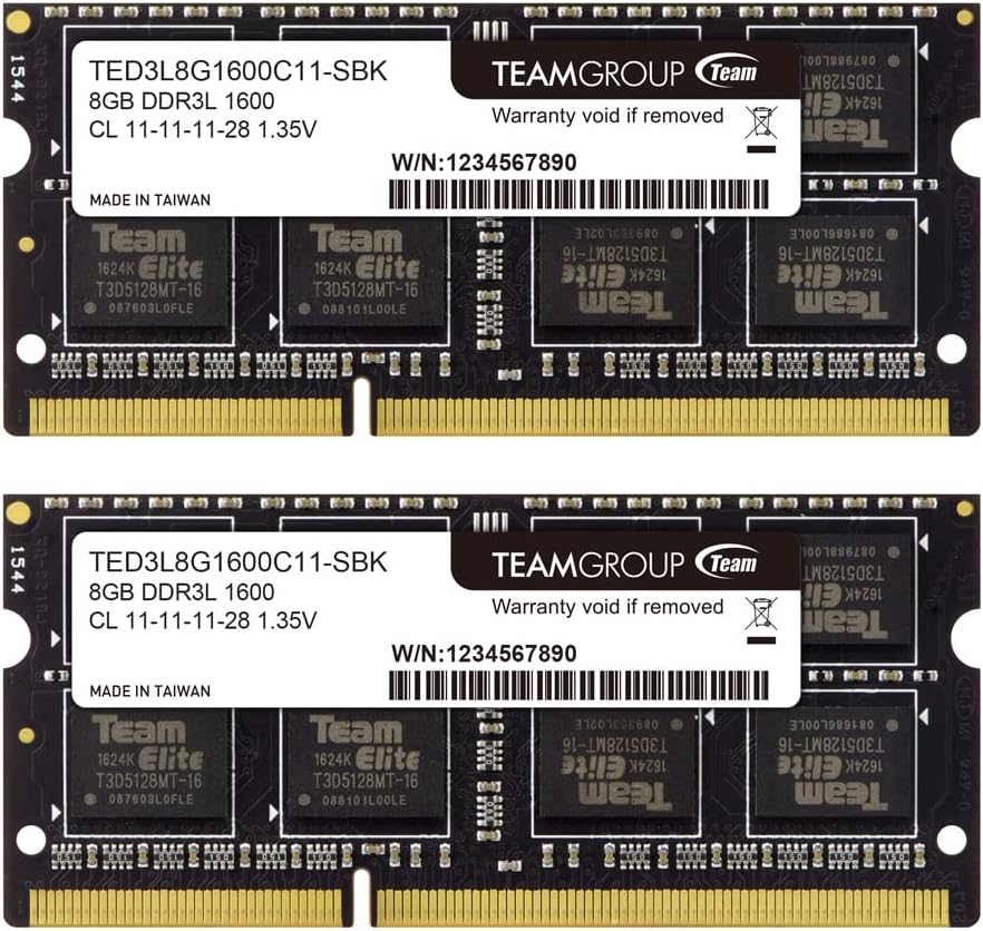 TEAMGROUP Elite DDR3L 16GB Kit (2 x 8GB) 1600MHz PC3-12800 CL11 Unbuffered Non-ECC 1.35V SODIMM 204-Pin Laptop Notebook PC Computer Memory Module Ram Upgrade - TED3L16G1600C11DC-S01 Pack of 2