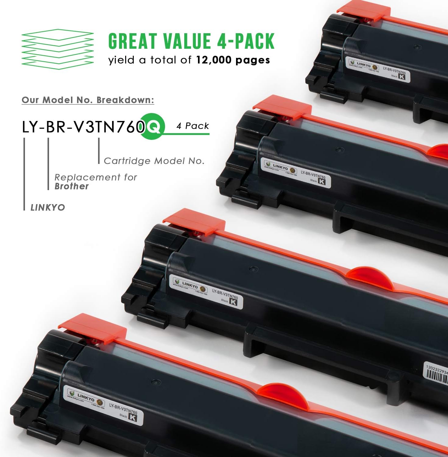 LINKYO Compatible Toner Cartridge Replacement for Brother TN760 TN730 TN-760 (4-Pack, High Yield, Design V3) Pack of 2