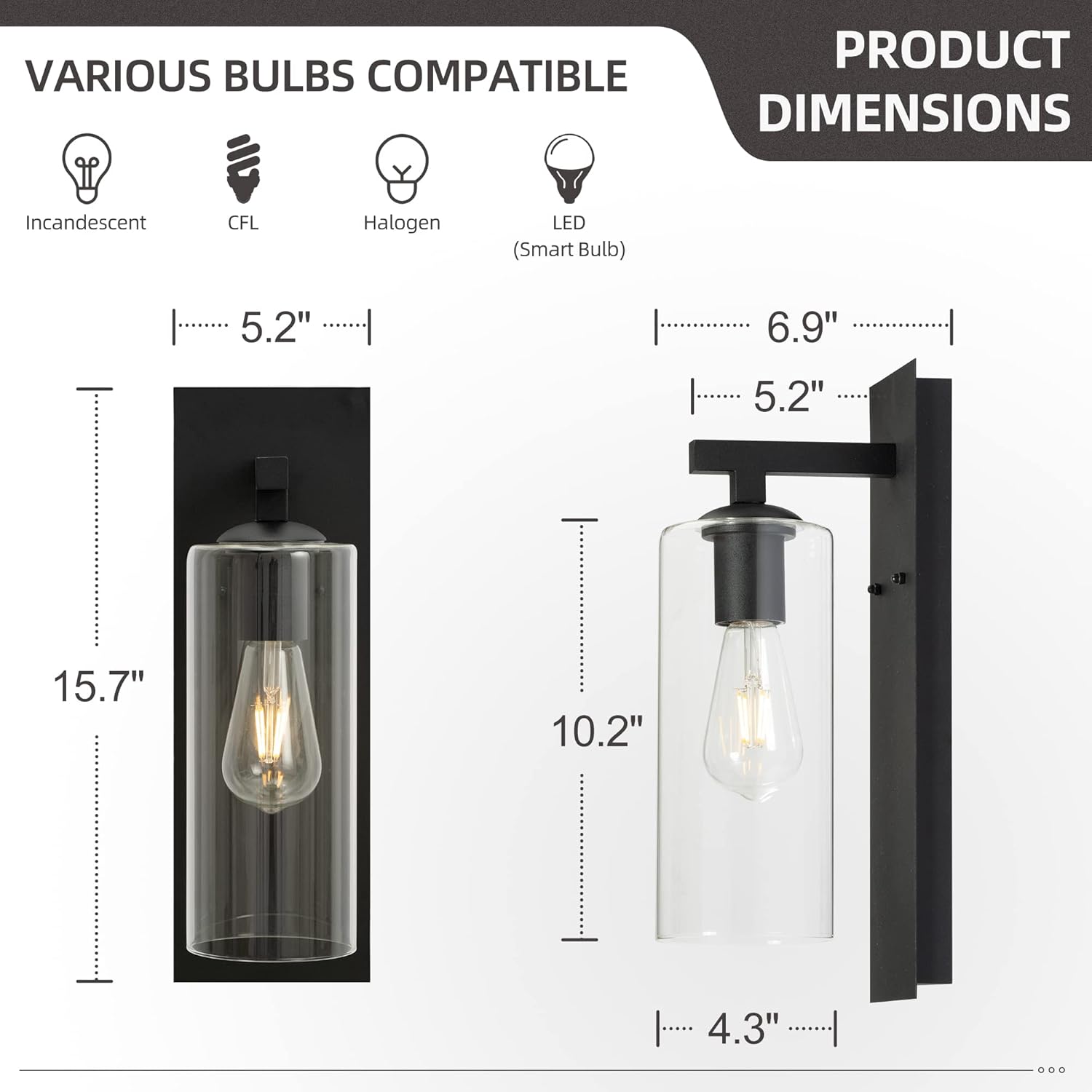 Moutly Exterior Wall Lantern Sconces, 2-Pack Modern Wall Mounted Lights, Black Finish with Cylinder Clear Glass, MTL-A289W-2P