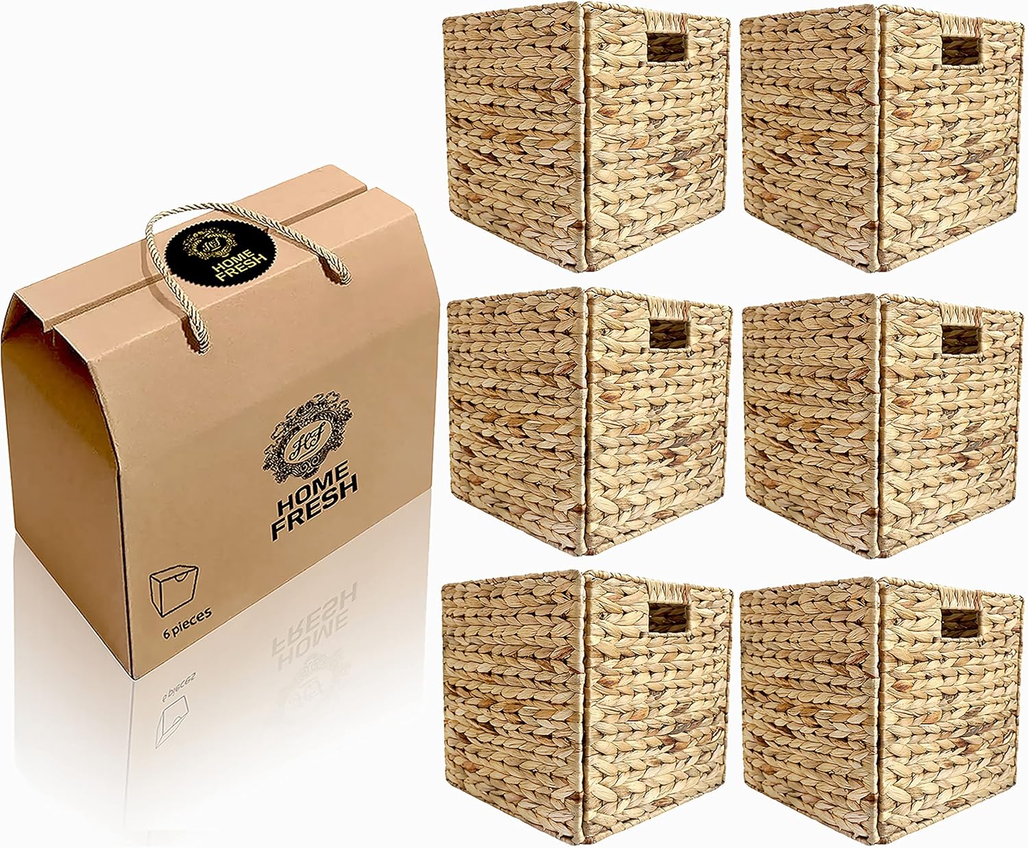 Home Fresh Large 6 Pack 12.5x12.5x12.5 Inch Natural Woven Water Hyacinth Storage Organizer Basket Bin - Collapsible -for Cube Furniture Shelving Wicker Baskets ,Square Rattan Bins For Storage shelves