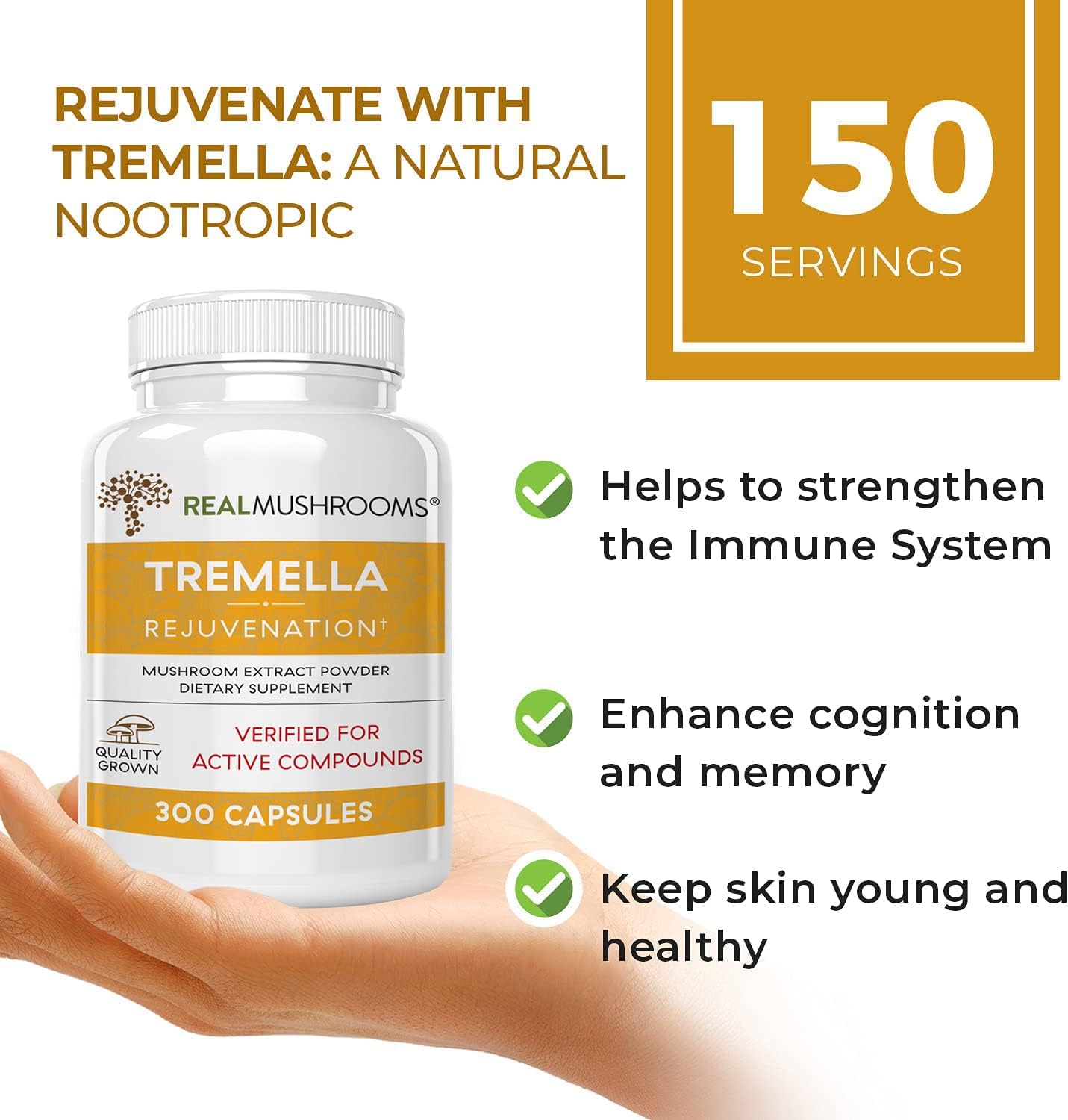 Tremella Mushroom Extract by Real Mushrooms, Mushroom Supplements for Immunity Support, Brain Support, and Healthy Skin, Vegan, Non-GMO, Verified Levels of Beta-Glucans (300) Pack of 2