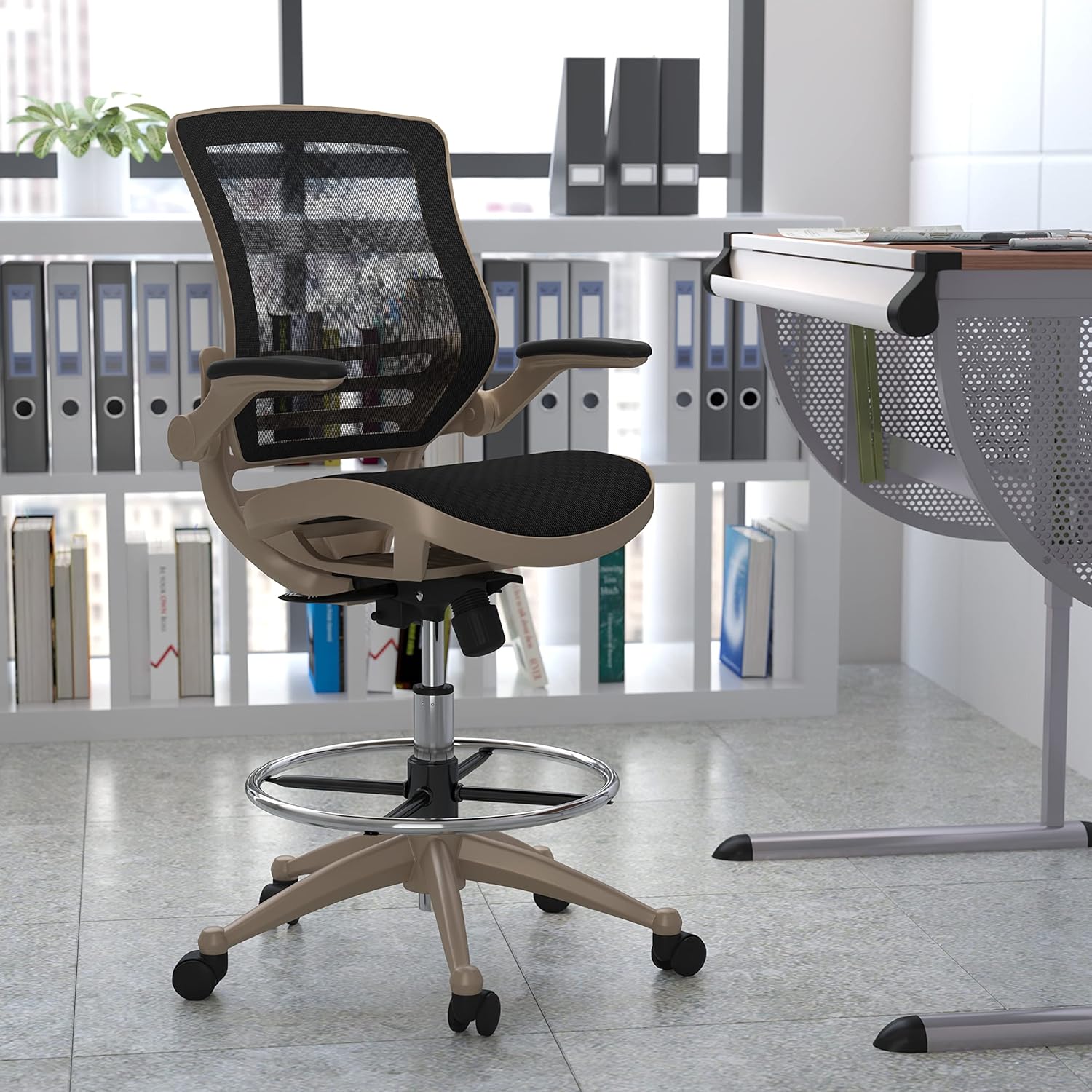 Flash Furniture Mid-Back Transparent Gray Mesh Drafting Chair with White Frame and Flip-Up Arms