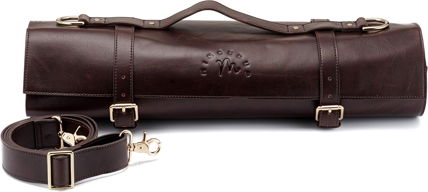 Minced Up Leather Knife Roll Storage Bag, 10 Pockets. Adjustable/Detachable Shoulder Strap. Travel Friendly Chef Knife Case Roll