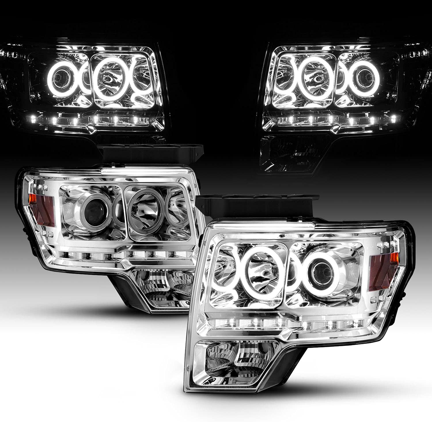AmeriLite Xtreme LED Halos Black Projector Headlights Set for 2009-2014 Ford F150 Pickup - Passenger and Driver Side
