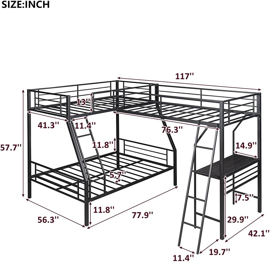 Steel Bunk Bed Twin-Over-Full with A Attached Twin Loft Bed with Desk, Metal Bed Frame with Guardrails and Integrated Inclined Ladders for Kids Teens