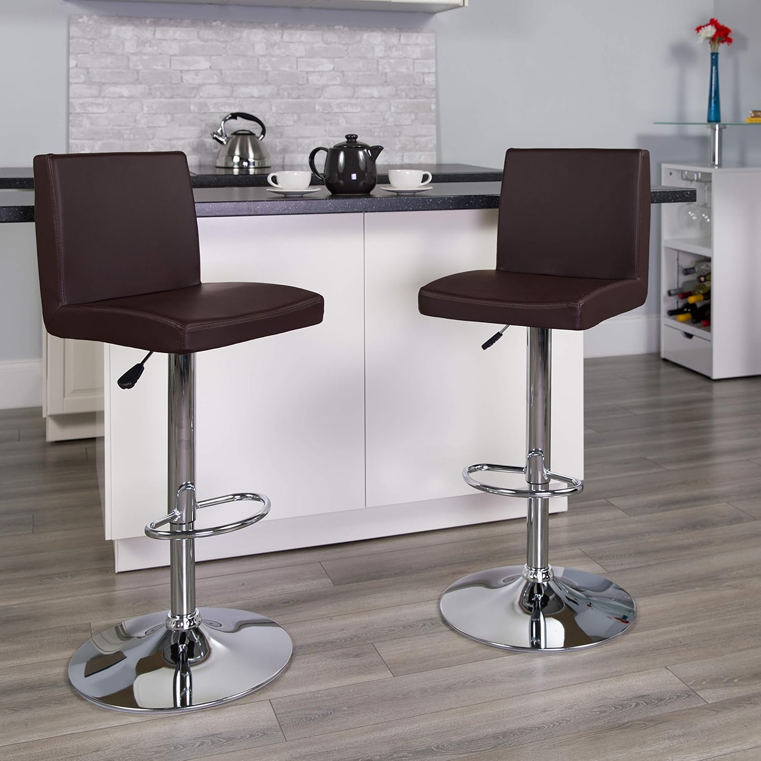 Flash Furniture 2 Pack Contemporary White Vinyl Adjustable Height Barstool with Panel Back and Chrome Base