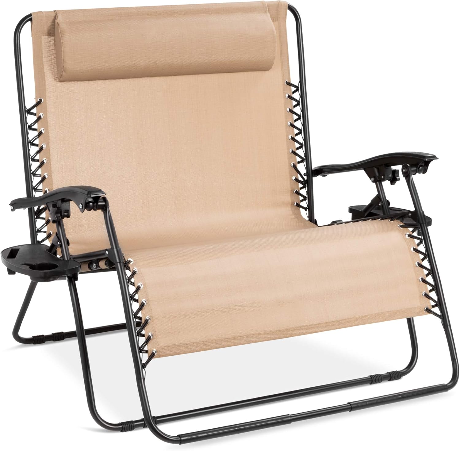 Best Choice Products 2-Person Double Wide Adjustable Folding Steel Mesh Zero Gravity Lounge Recliner Chair for Patio, Lawn, Balcony, Backyard, Beach, Outdoor Sports w/Cup Holders -&nbsp;Beige