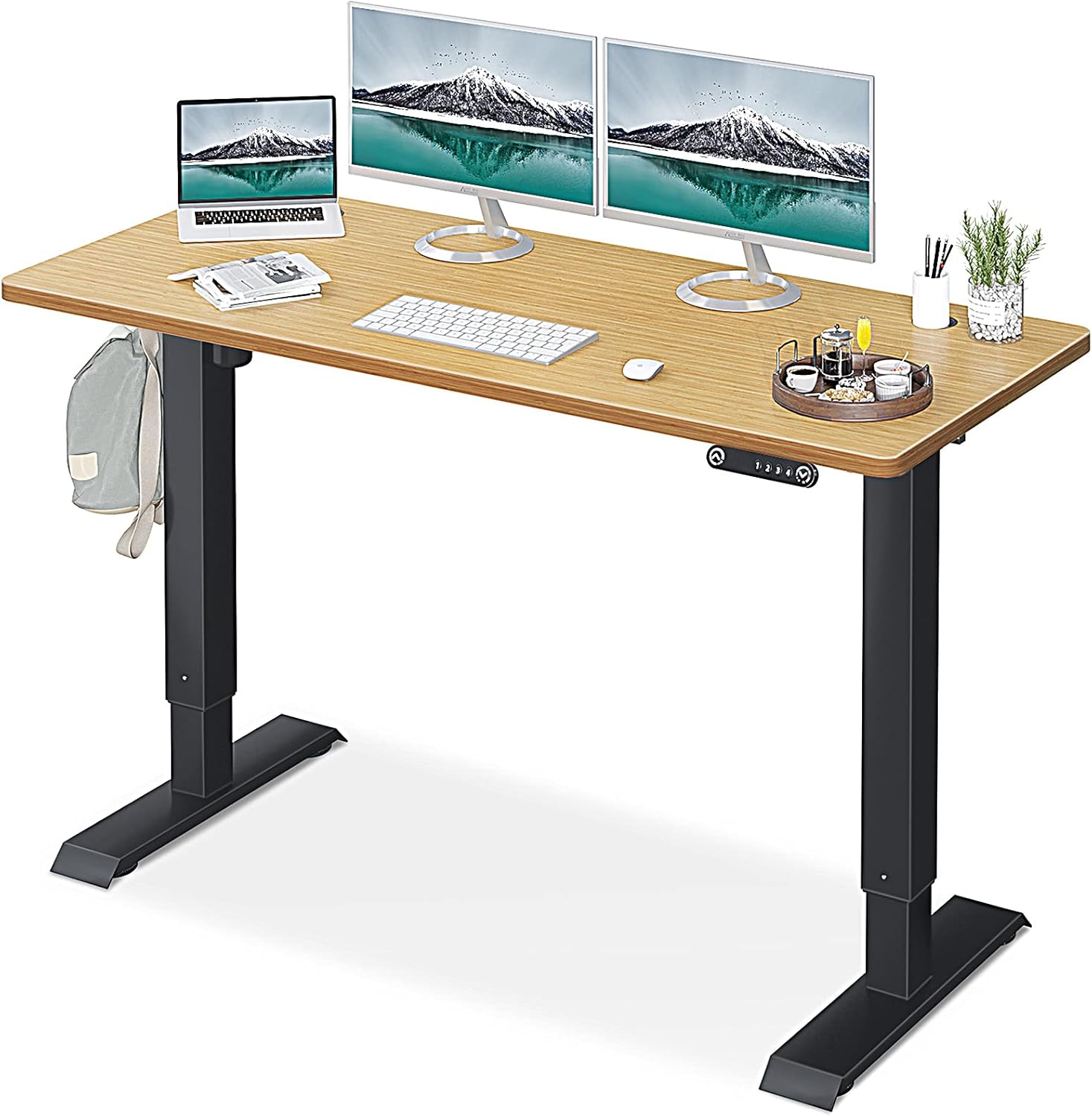 KKL Height Adjustable Electric Standing Desk, 48 x 24 Inches Sit Stand Desk Home Office Table with Splice Board, Black