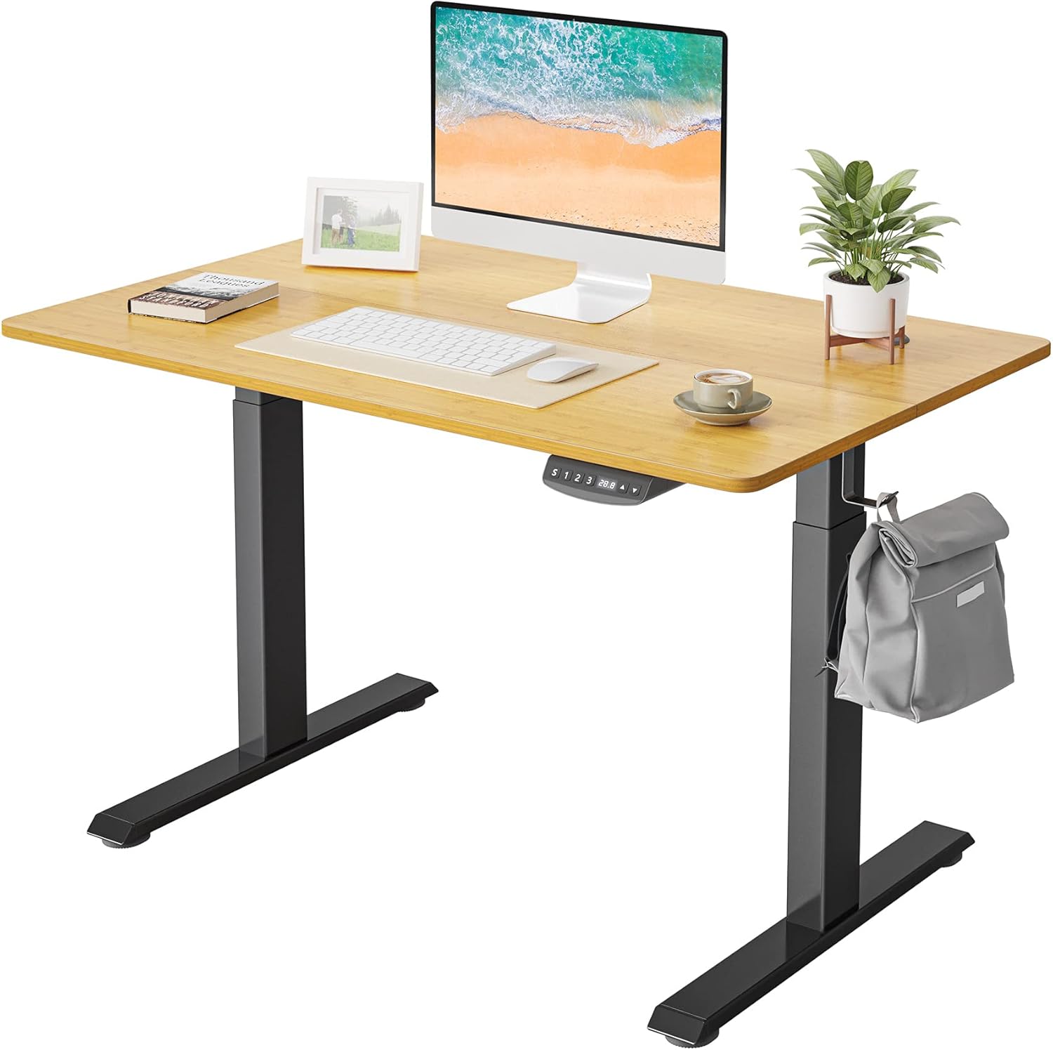FEZIBO Height Adjustable Electric Standing Desk, 48 x 24 Inches Stand up Table, Sit Stand Home Office Desk with Splice Board, Black Frame/Rustic Brown Top