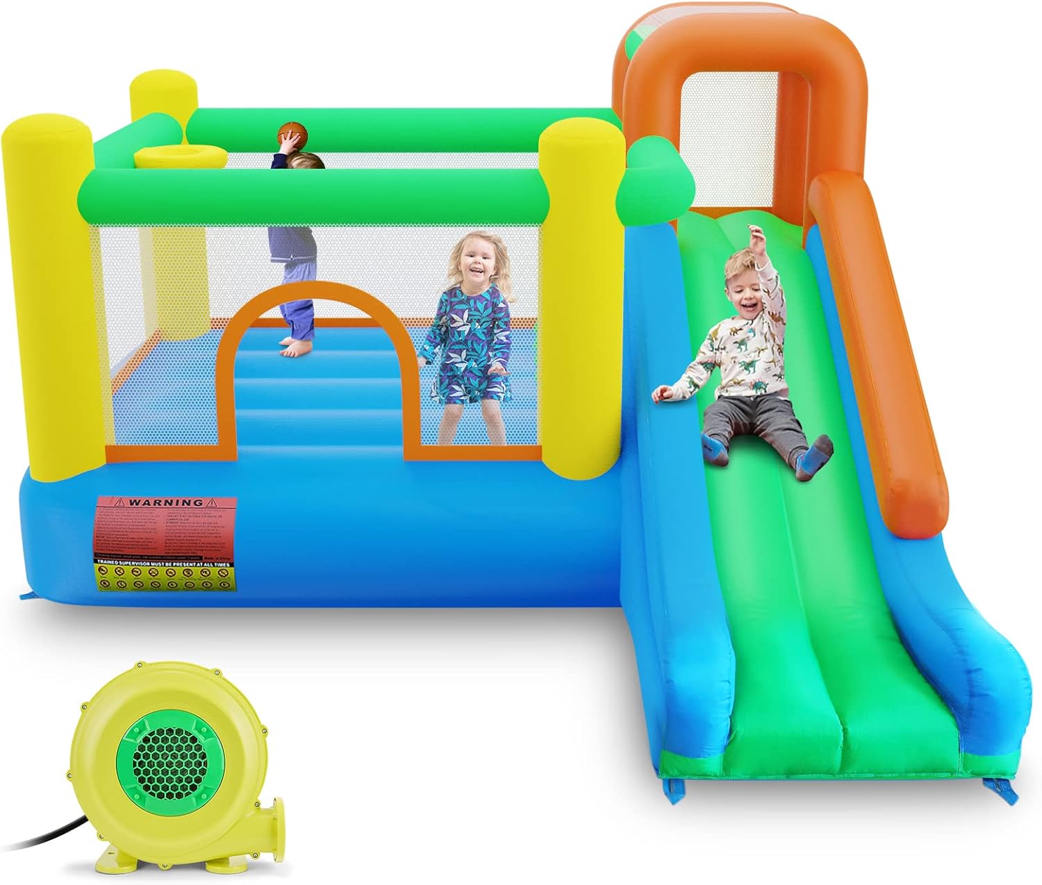 Amictoy Inflatable Bounce House, Kids Jumping Castle with Air Blower, Long Slide, Large Bouncing Area, Basketball Hoop for Backyards, Indoors and More, Castle Kids Party Theme
