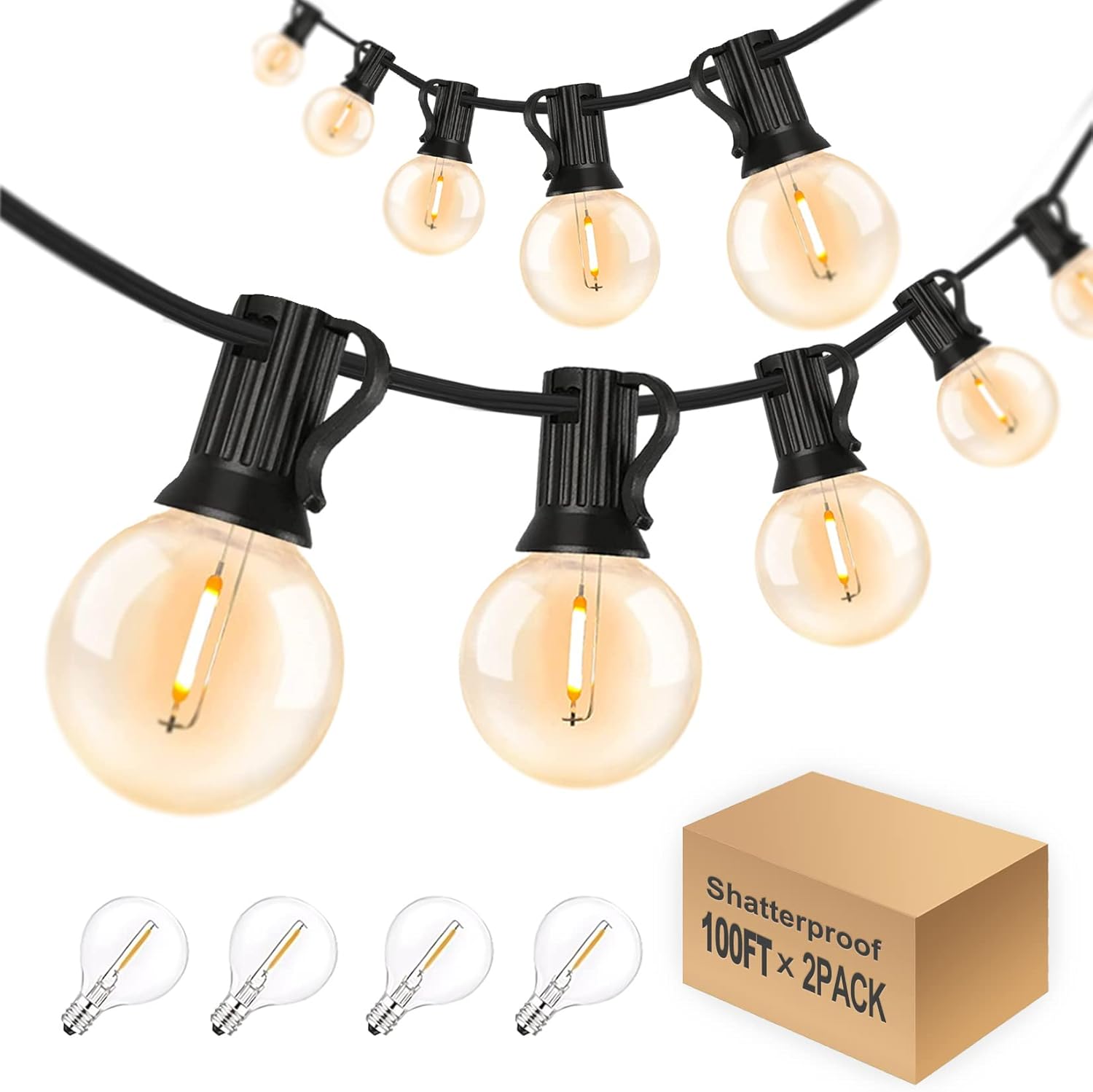 200 ft Outdoor LED Globe String Lights Waterproof Connectable G40 Patio Bistro Lights with 100+4 Shatterproof Dimmable Plastic Bulbs for Gazebo Yard Soft Warm White Lights, 2Pack x 100ft