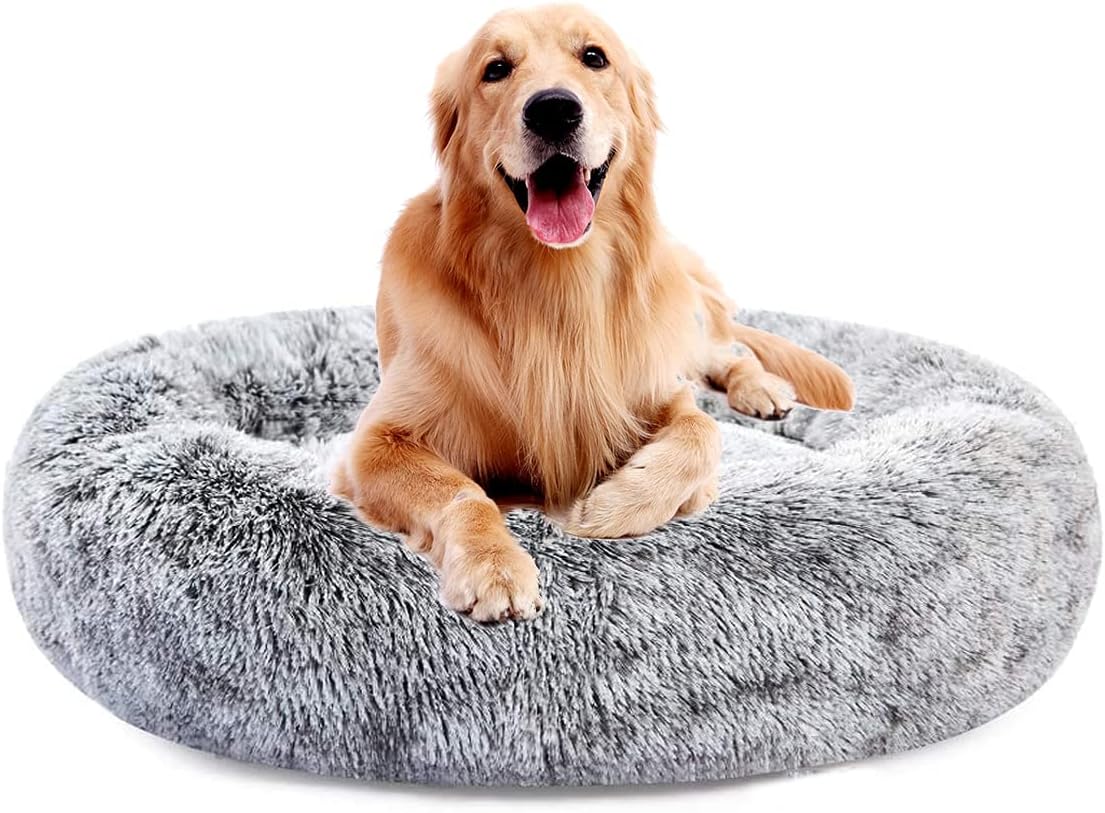 Donut Dog Bed Cat Bed,Soft Plush Surface Cuddler Round Pet Bed with Removable Bottom and Rim Cushion,Washable Non-Slip Bottom Grey S 20