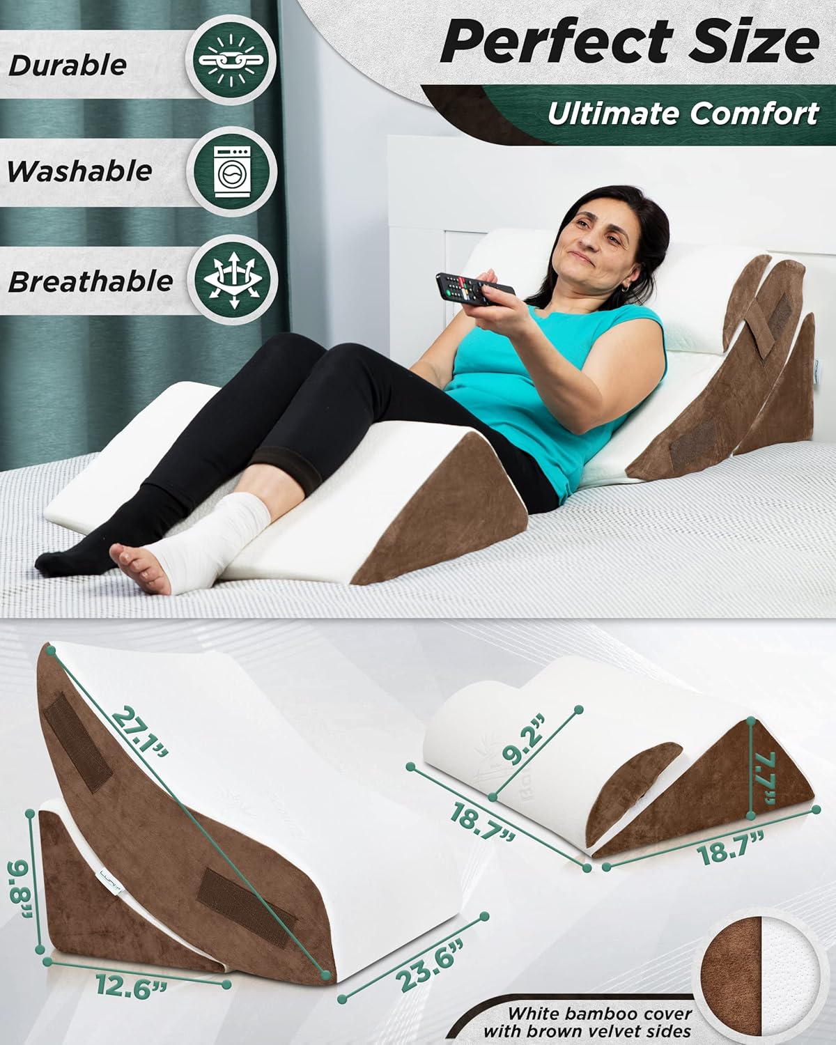 Lunix LX5 4pcs Orthopedic Bed Wedge Pillow Set, Post Surgery Memory Foam for Back, Neck and Leg Pain Relief, Sitting Pillow, Comfortable and Adjustable Pillows Acid Reflux and GERD for Sleeping Brown