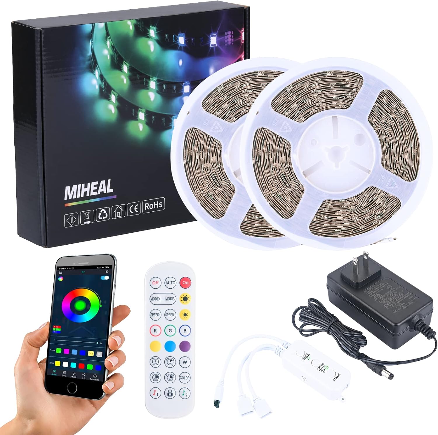 Miheal Led Strip Lights Kit 65.6ft(20M) 5050 SMD RGB Flexible LED Tape Lights Non-Waterproof with DC24V UL Power Supply RF Remote Controller for Under Cabinet Lighting Bedroom, Living Room Black Band Pack of 2