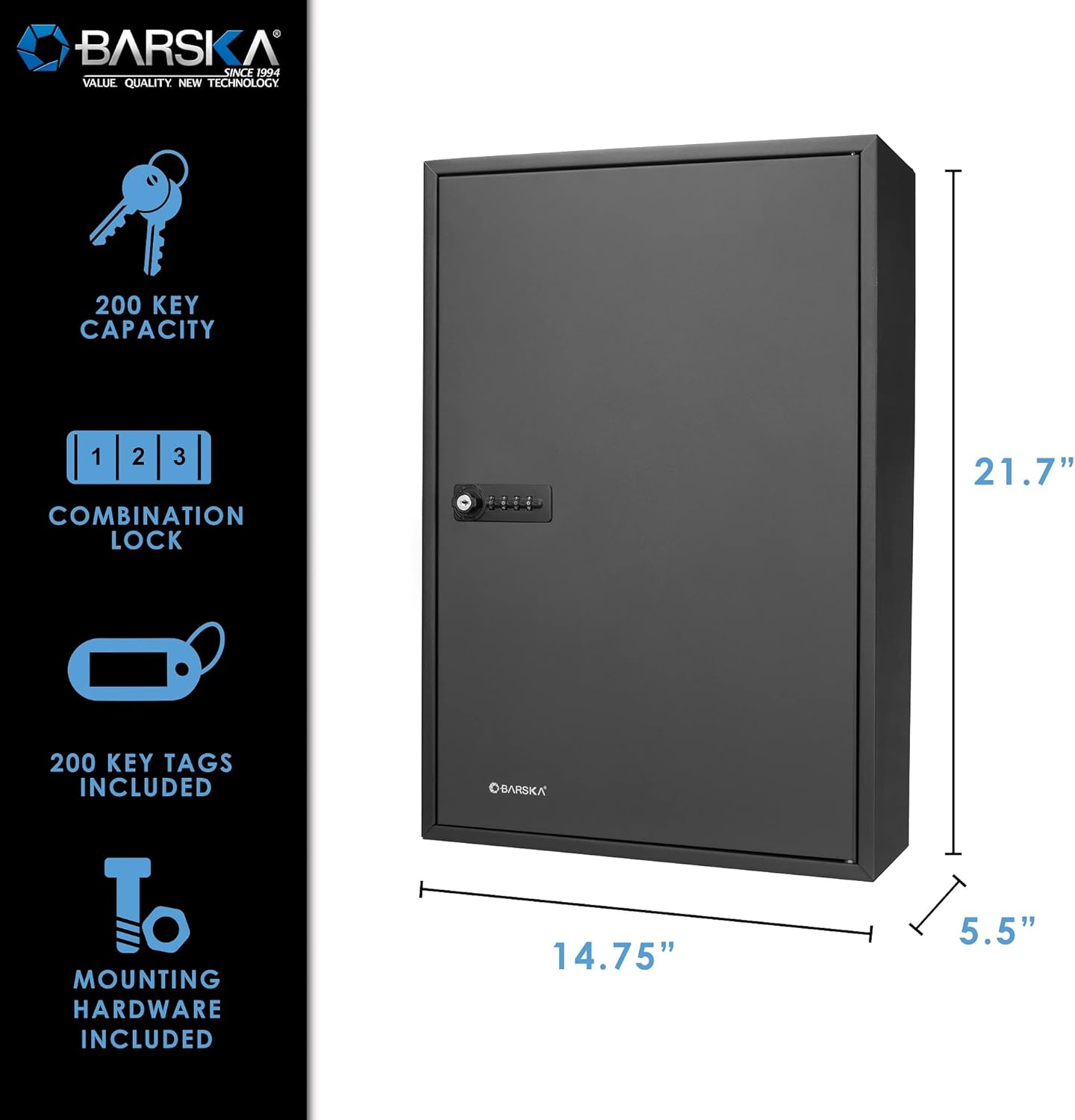 BARSKA CB13266 Combination Lock 200 Position Adjustable Key Cabinet Lock Box Black ,5.5x14.75x21.75
