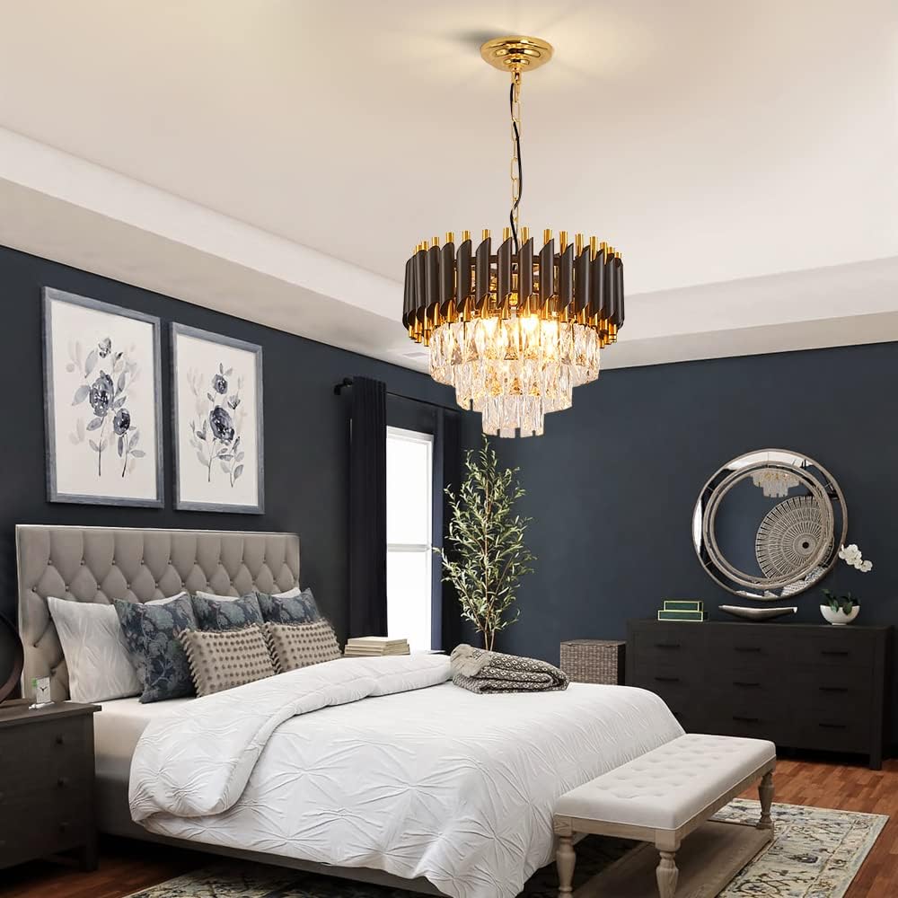 Modern Crystal Chandelier Light 3-Tires Crystal Light Round Crystals Chandelier Light Fixture Flush Mount Ceiling Lighting for Dining Room Living Room Kitchen Island Hallway Restaurant Black