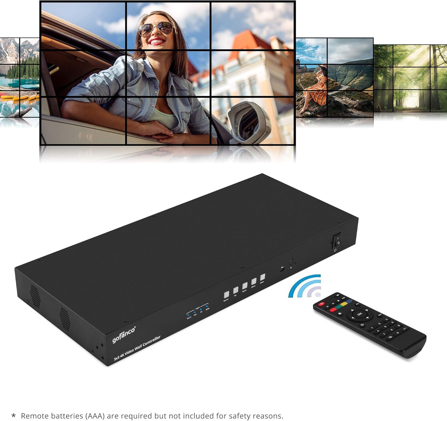 gofanco 3x3 Video Wall Controller and Processor – Up to 4K 30Hz, Switchable Inputs (USB-C, VGA, DP, HDMI) - 180º Rotation, Edge Correction, 1U, Audio Extractor - 13 Display Modes, Cascade up to 10x10