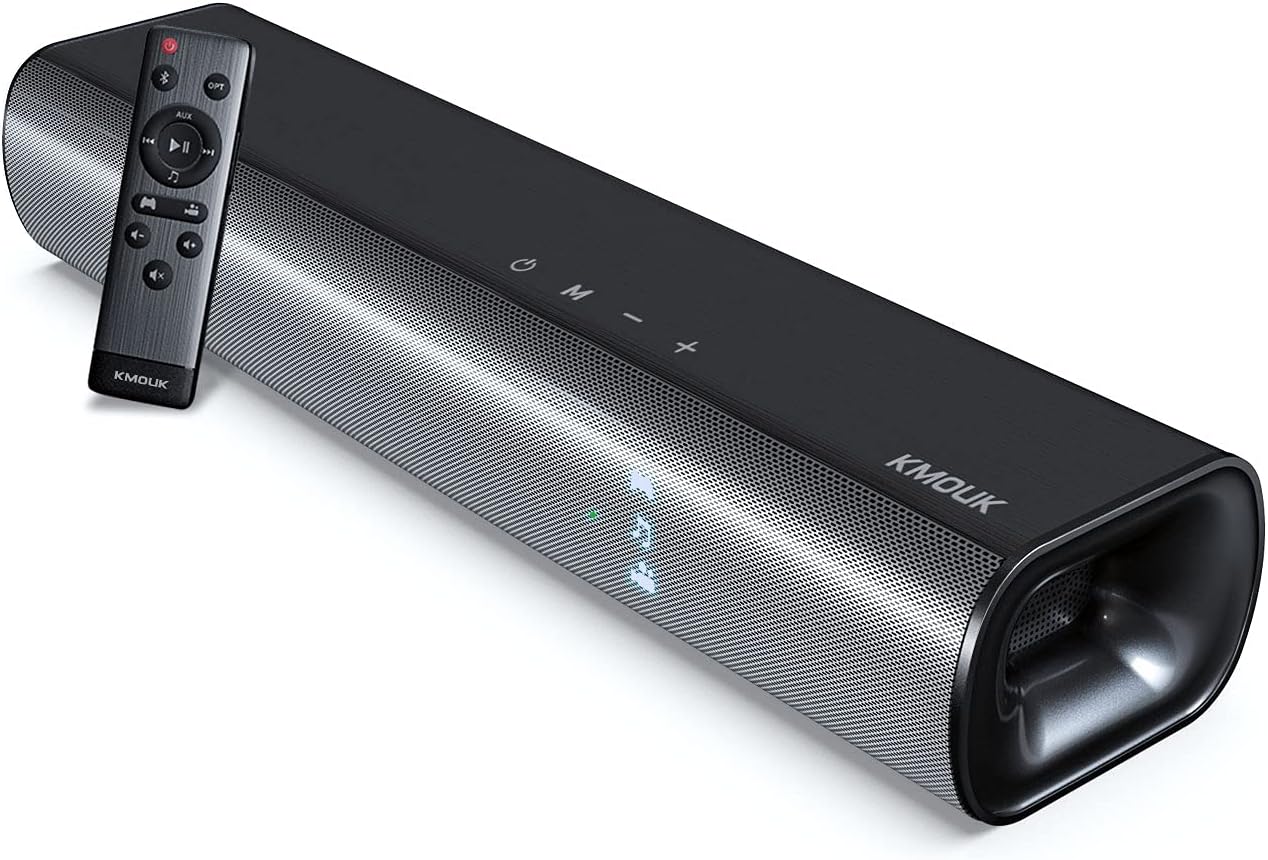 Soundbar, KMOUK Sound Bar for Small TV, Bluetooth 5.0, Mini Sound bar for PC/Home Theater, 2.0 Channel, 3 Equalizer Mode Audio, Optical/Aux/RCA Connection, Wired Gaming Speaker with 3D Surround Sound Pack of 2