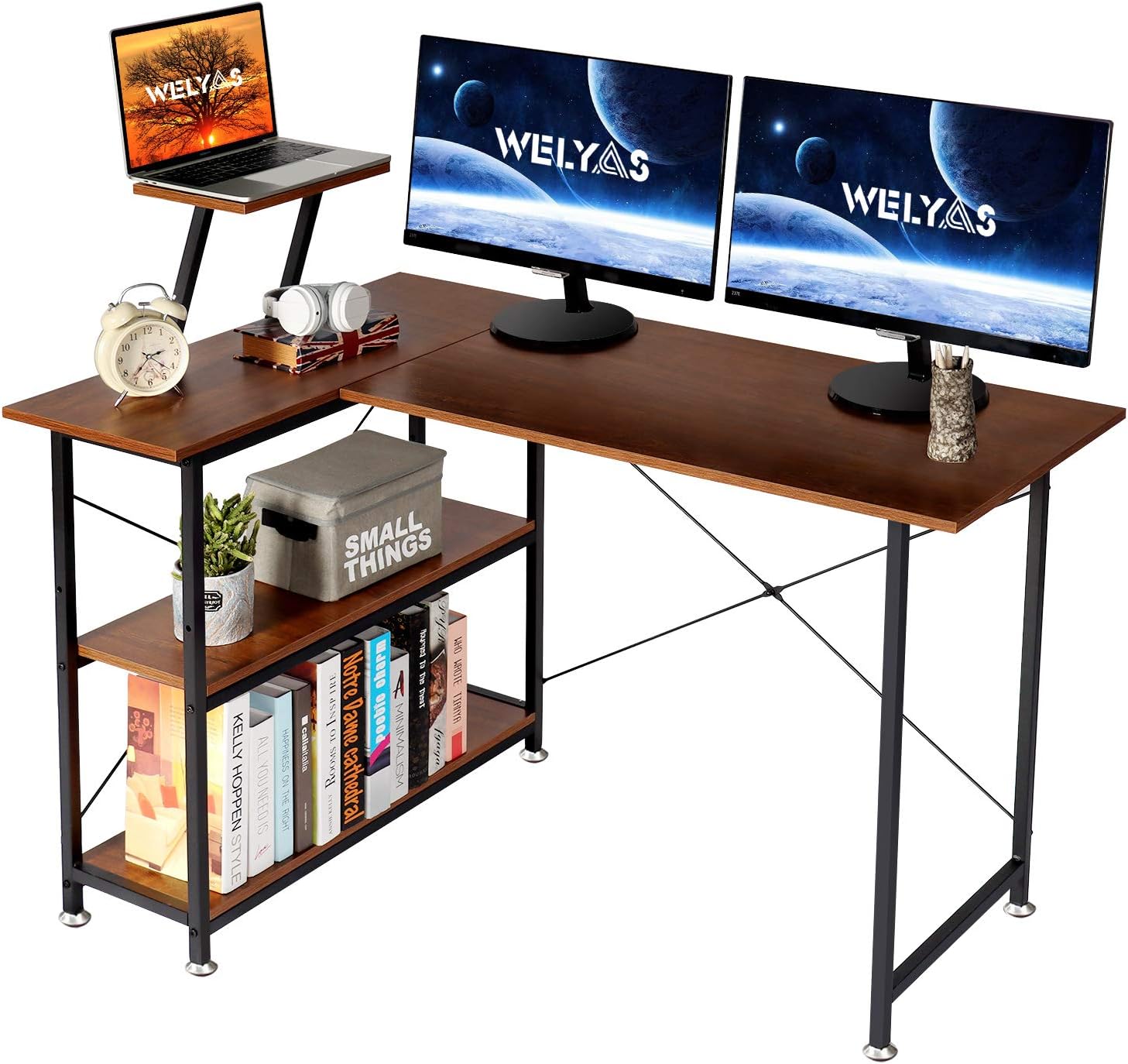 WELYAS Small L-Shaped Desk with Storage Shelves 47