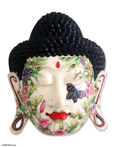NOVICA Peace in The Garden Wood Mask Wall D Cor