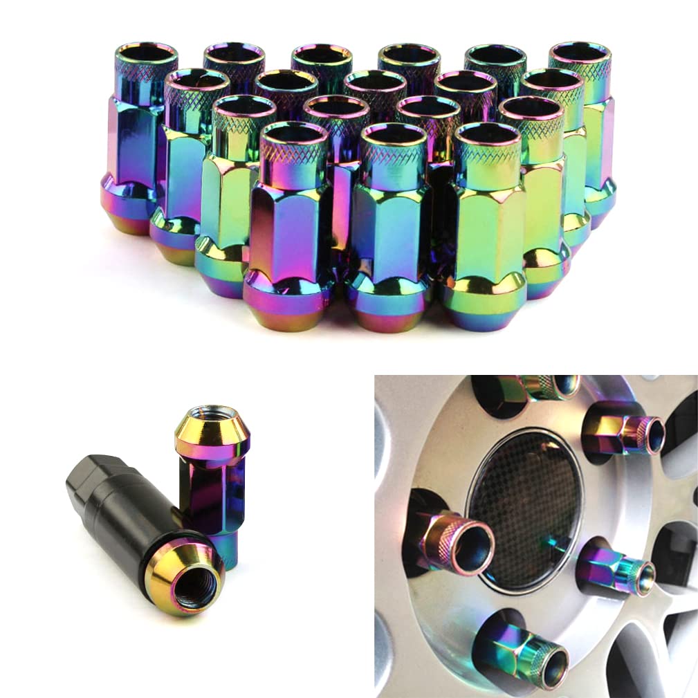 20 PCS Universal Chrome M12x1.5 Extended Tuner Lug Nuts-Open End Cone Seat， Wheel Bolts Stud Forged Racing Lug Nuts Spline V48 Auto Acorn Rim Extend Lock Cover