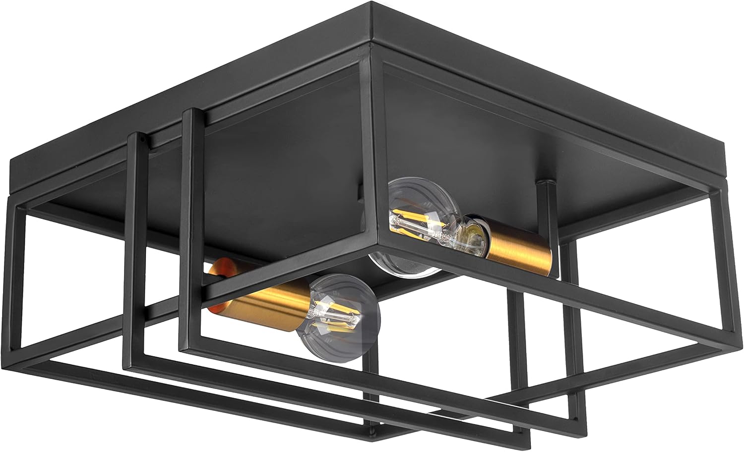 Jazava Flush Mount Ceiling Light Fixture, 3-Light Farmhouse Ceiling Light, 15.3 inches Square Close to Ceiling Lights for Bedroom/Kitchen/Dining Room Lighting, Double Frame Cages, Black