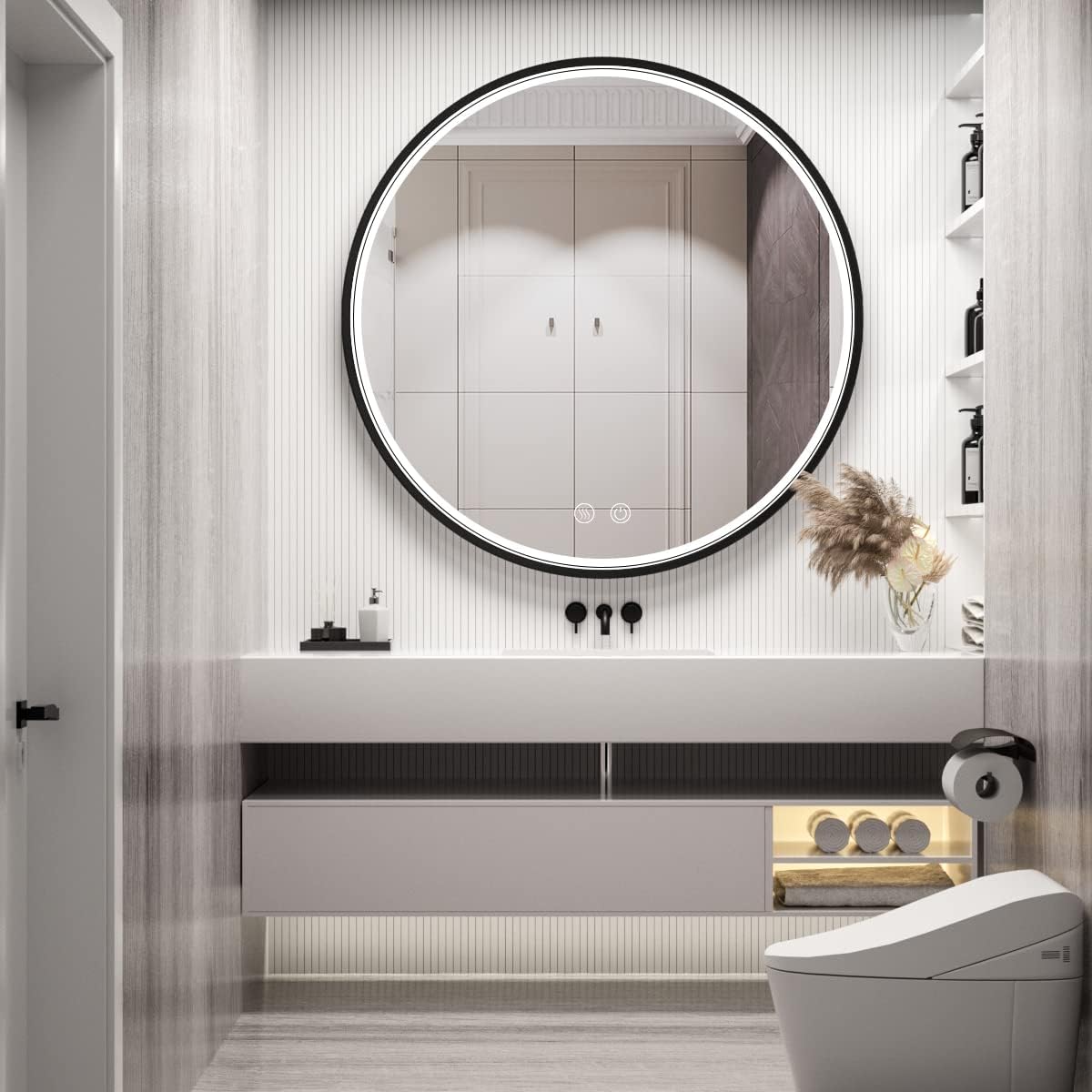FTOTI LED Round Mirror,36 Inch Black Metal Frame Bathroom Mirror with Light,6000K Lighted Vanity Mirror,Wall Mounted ,Anti-Fog & Dimmable Touch Switch, Waterproof IP54