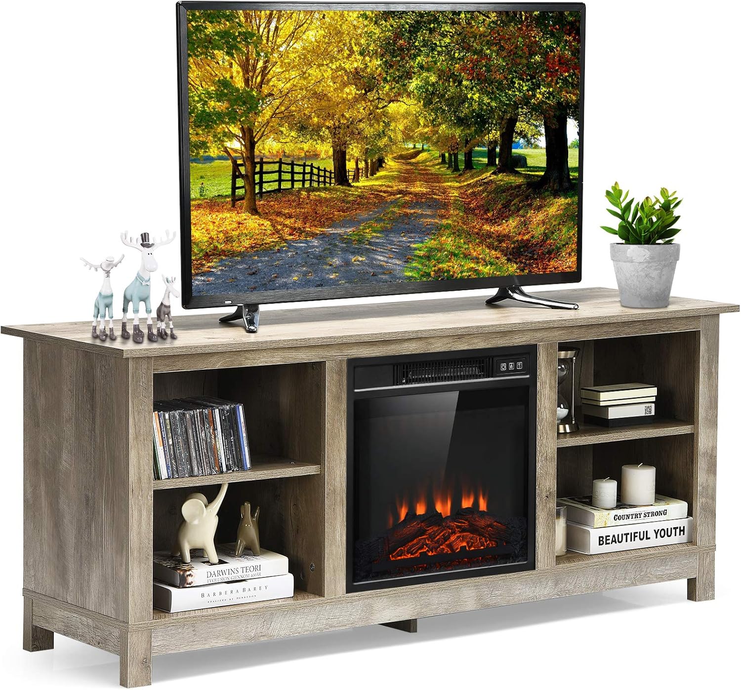 Tangkula Fireplace TV Stand, 1400W Electric Fireplace Stove TV Console Center for TVs up to 65 Inches, Home Media Stand w/ Fireplace, Remote Control & Adjustable Brightness for Living Room (Walnut)