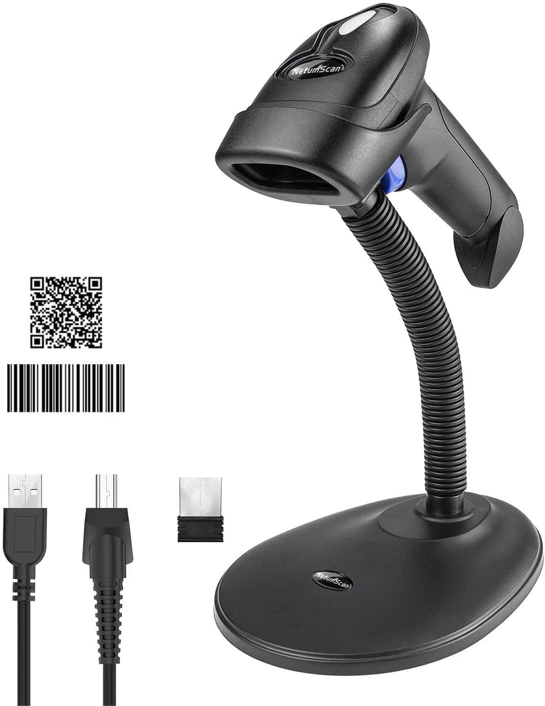 Wireless 1D 2D Barcode Scanner with Stand, NetumScan Portable Automatic QR Code Scanner Supports Screen Scan Handheld CMOS Image Bar Code Reader with USB Receiver for Warehouse POS and Computer Pack of 2