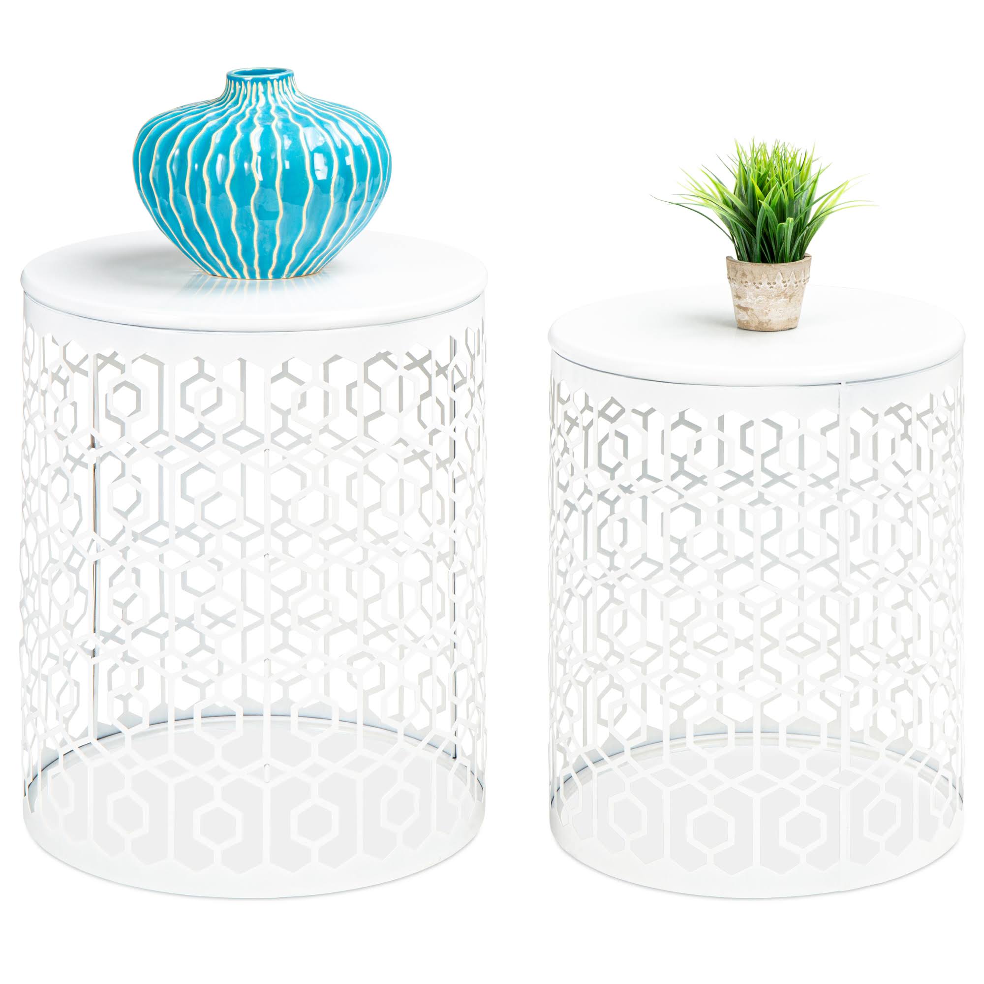 Best Choice Products Set of 2 Decorative Nesting Round Patterned Accent Side Coffee End Table Nightstands - White