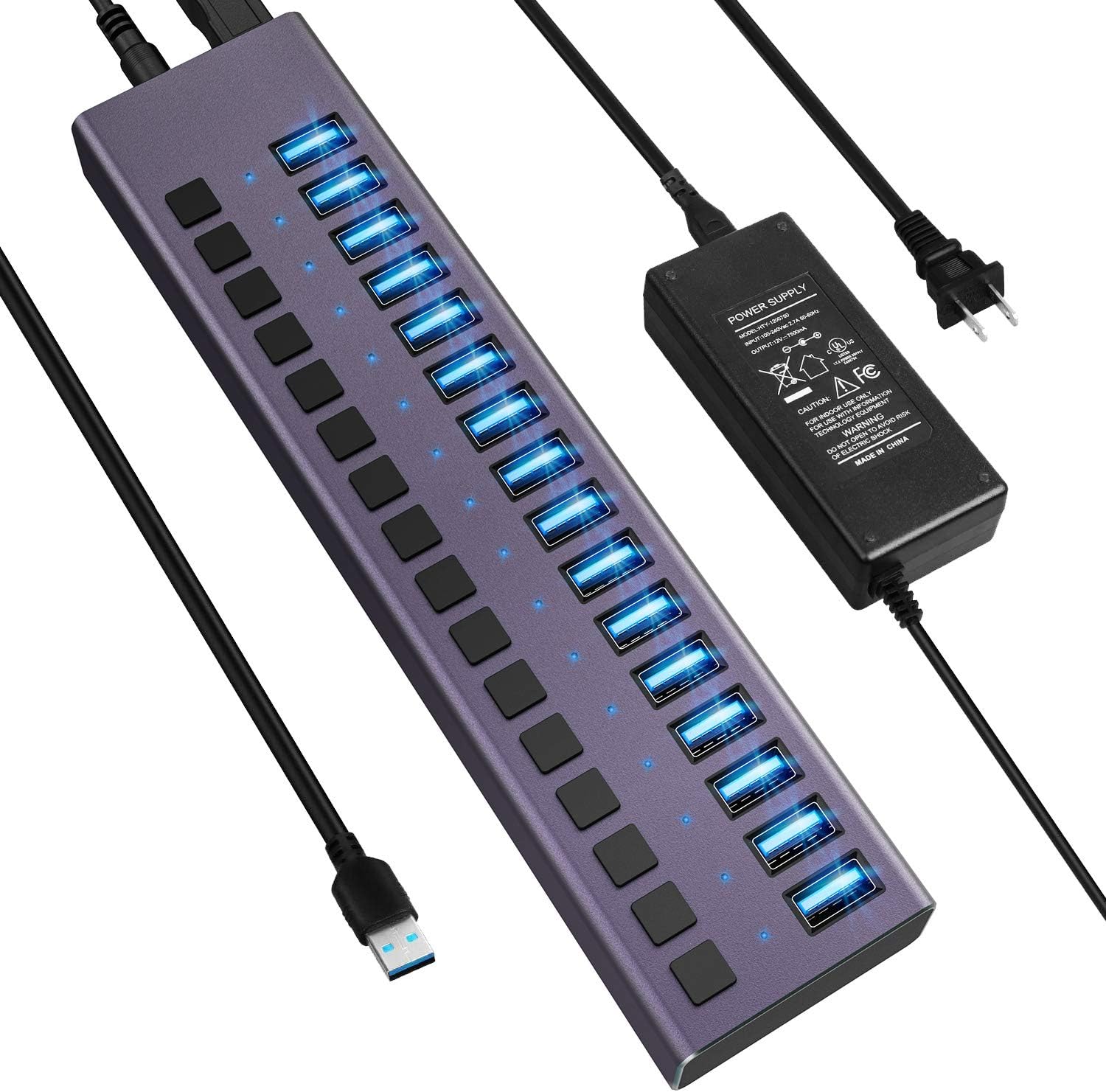 USB 3.0 Hub -16 Ports Powered USB Hub 90W USB Charging Hub with Individual On/Off Switches and 12V/7.5A Power Adapter and Lights for PC, Laptop, Computer, Mobile HDD, Flash Drive and More（Purple） Pack of 2