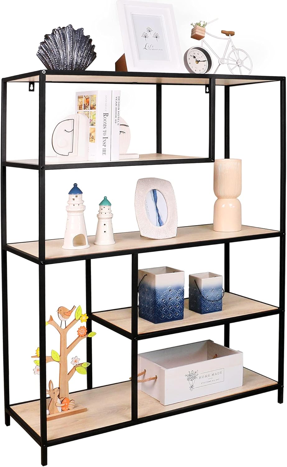 7-Tier Staggered Bookshelf,Modern Standing Bookcase,Open Shelving Unit Wood,Display Rack and Storage Organizer,for Living Room,Bedroom,Office