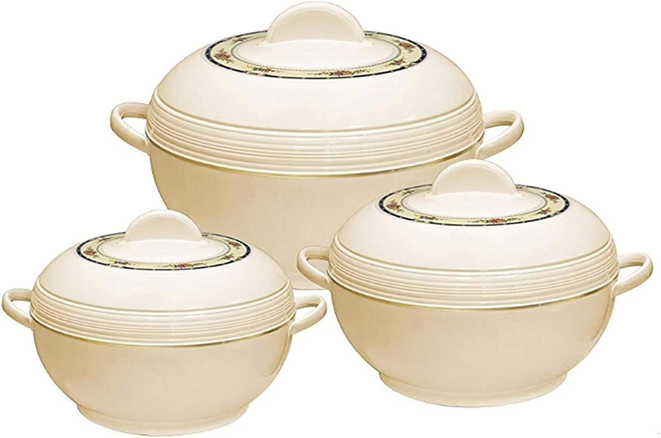 Tmvel Ambient Insulated Casserole Hot Pot Hot Pack Food Warmer 3 Pieces Set, 1.6 L, 2.5 L, 3.5 L (Beige) Pack of 2