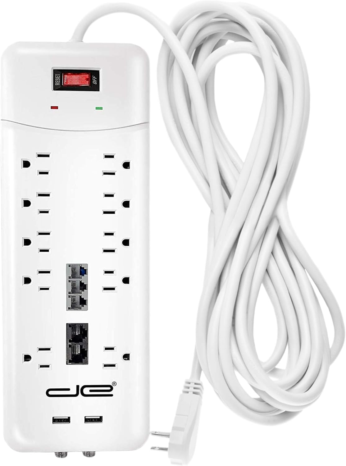 Digital Energy 25-ft Heavy Duty 10-Outlet 3500 Joules Surge Protector Power Strip, 25 Foot Long Extension Cord, Two USB Charging Ports, Coaxial, Phone Protection, ETL Listed. 15 AMP, White Pack of 2