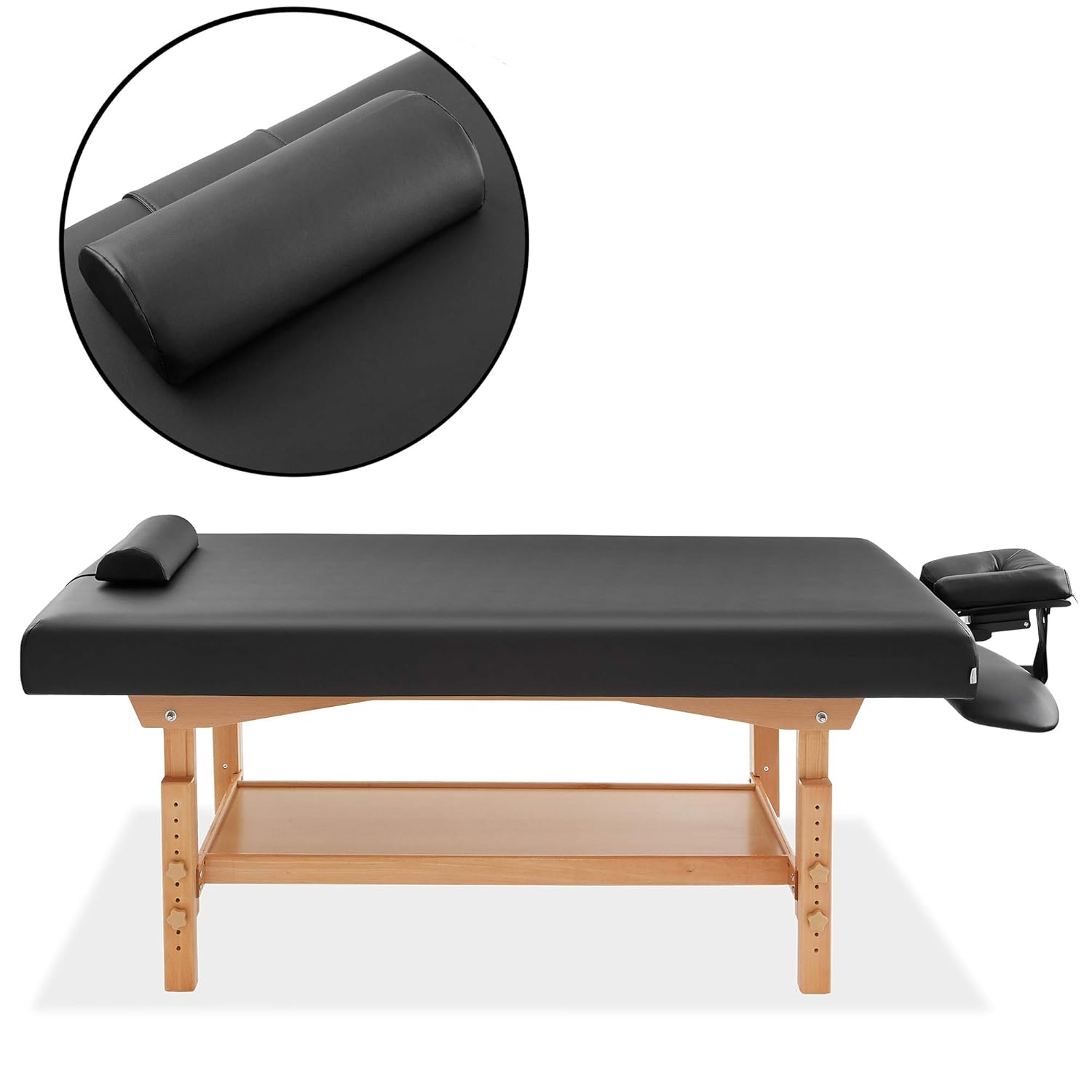 Saloniture Professional Stationary Massage Table - Includes Shelf, Headrest, Face Cradle and Bolster - Black