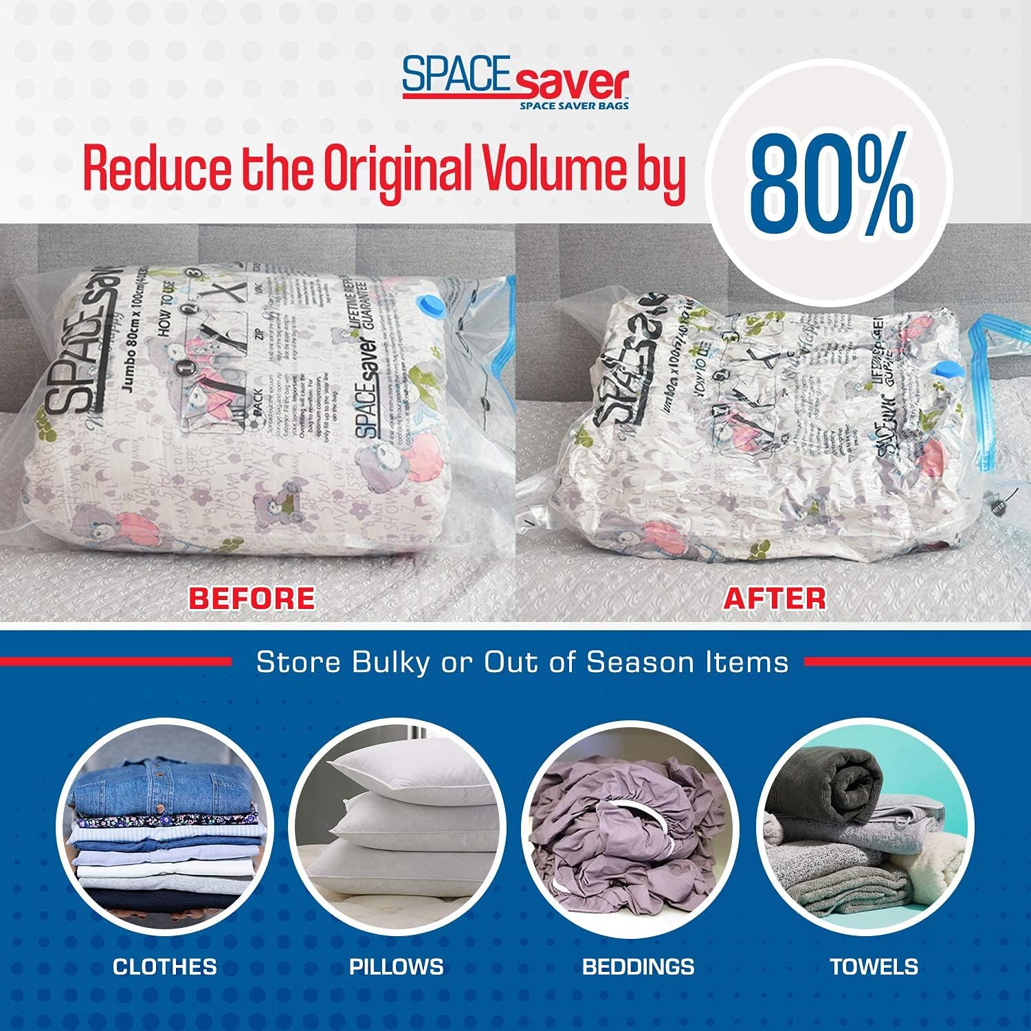 Spacesaver Premium Vacuum Storage Bags. 80% More Storage! Electric-Pump! Triple Seal Spacesaver Premium Vacuum Storage Bags. 80% More Storage! Electric Pump! Double-Zip Seal and Triple Seal Valve! Vacuum Sealer Bags for Comforters, Blankets, Bedding,