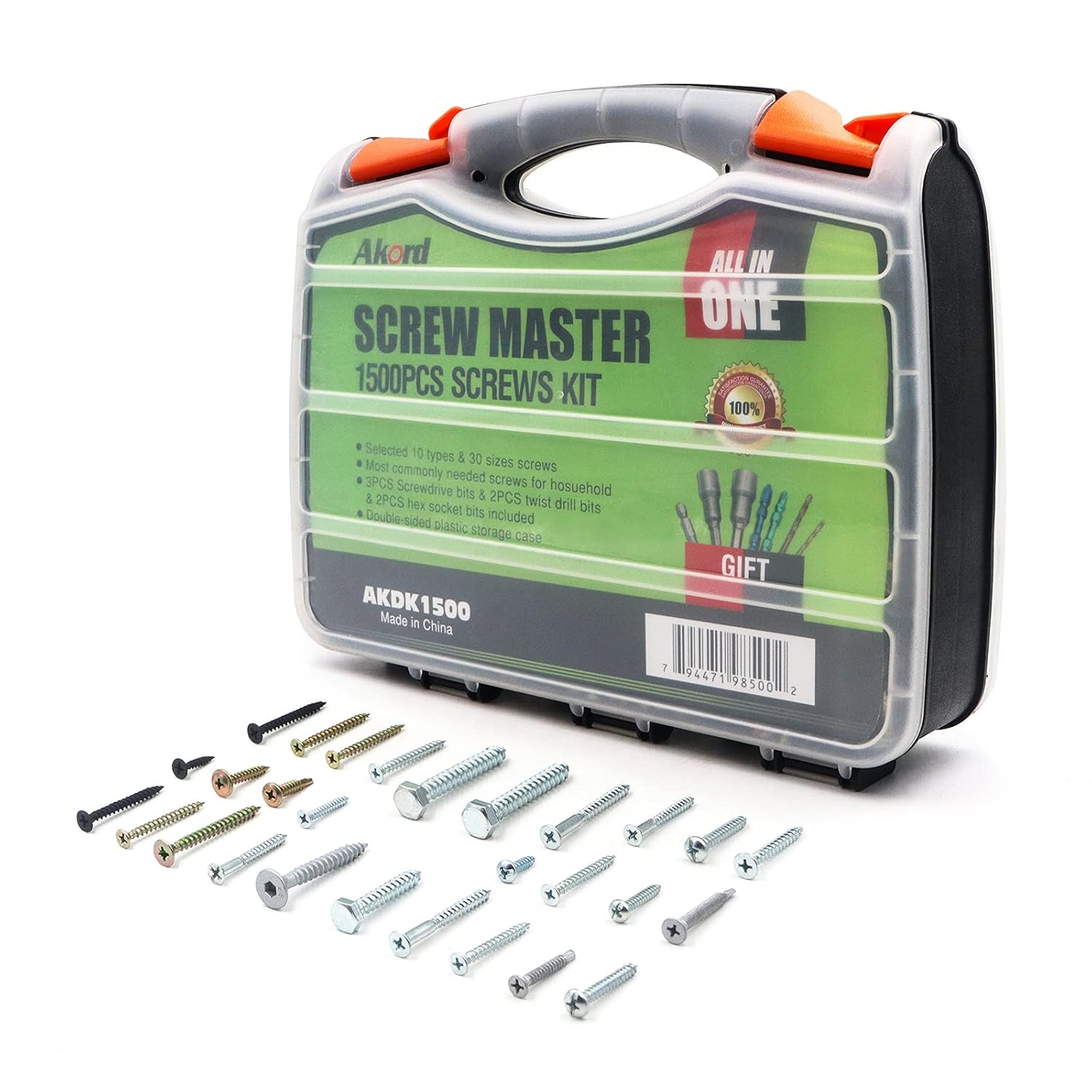 Akord Screws Assortment Kit, 10 Types Popular Screws Set in 30 Size, Double-Sided Storage Box, 1500 Pieces Pack of 2
