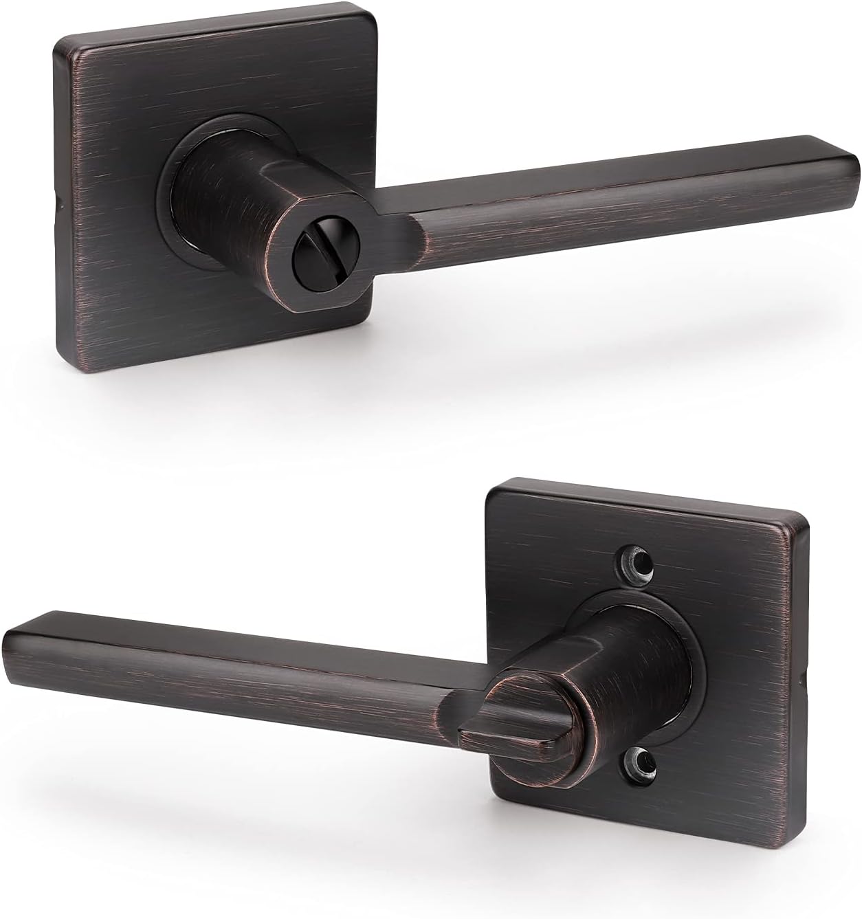 KNOBWELL 3 Pack Oil Rubbed Bronze Privacy Lever Door Handle Slim Square Easy to Open Locking Lever Set - for Bedroom or Bathroom - Reversible for Right & Left Sided Doors Heavy Duty