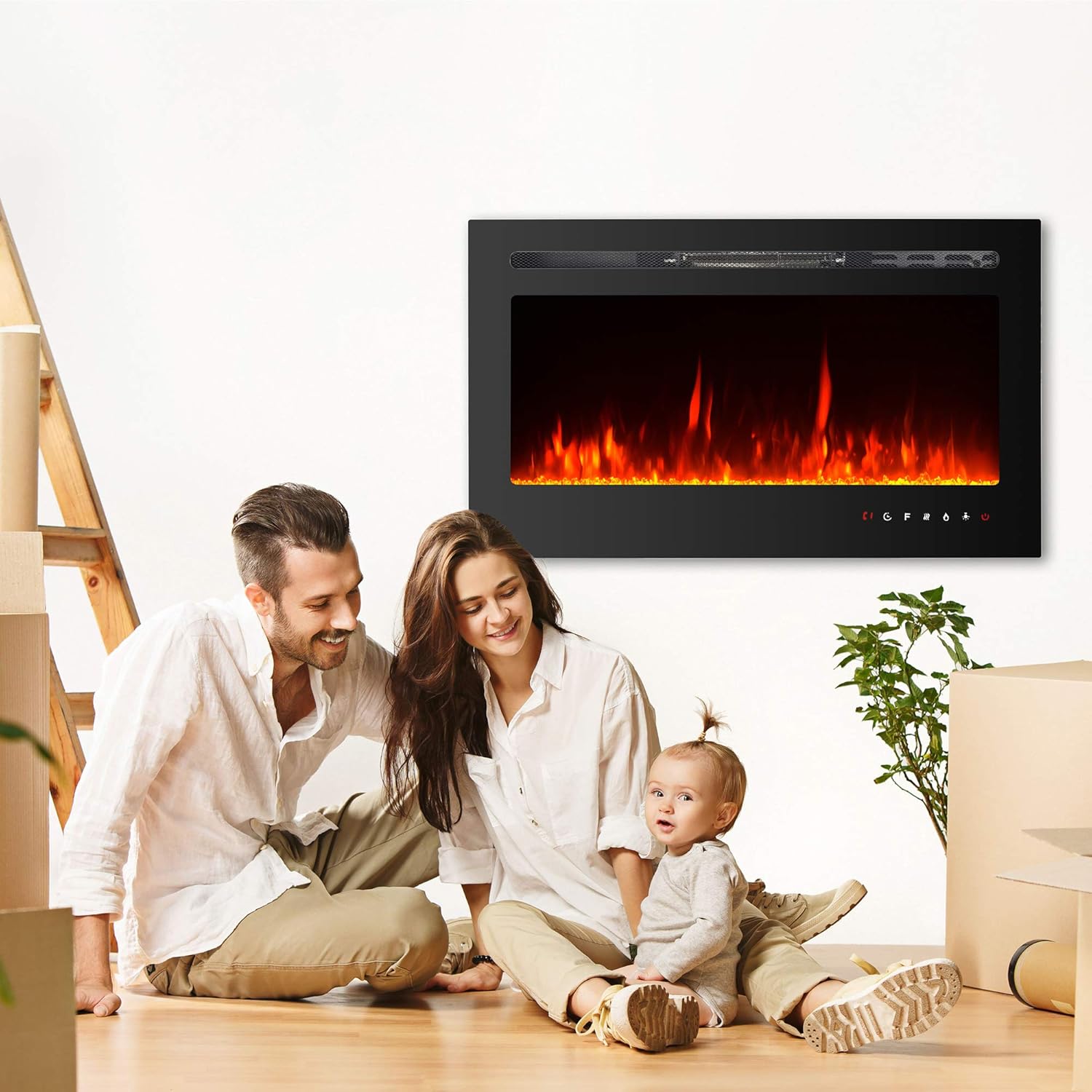 iw I WISH 36 inch Electric Fireplace, Recessed and Wall Mounted Electric Heater, Remote Control with Timer, Adjustable Flame Color, Touch Screen, 750/1500W, Logset & Crystal, Black