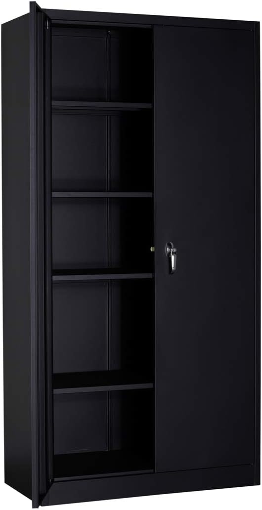 GREATMEET Metal Storage Cabinets with 4 Adjustable Shelves, Multifunctional Garage Storage Closet,72&lsquo;&rsquo;H Storage Cabinet with 2 Locking Doors,Height Cabinet Cupboards for Home Office, Black