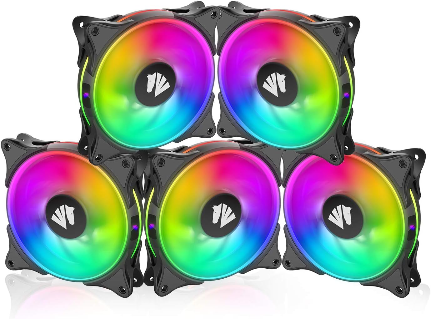 ASIAHORSE FS-9002 800-1800 RPM 120mm ARGB PWM Case Fan(in and Outside Light efect) with 3Pin 5V Motherboard Sync/Analog and 4Pin PWM Interface (5PACK-Black NO HUB) Pack of 2