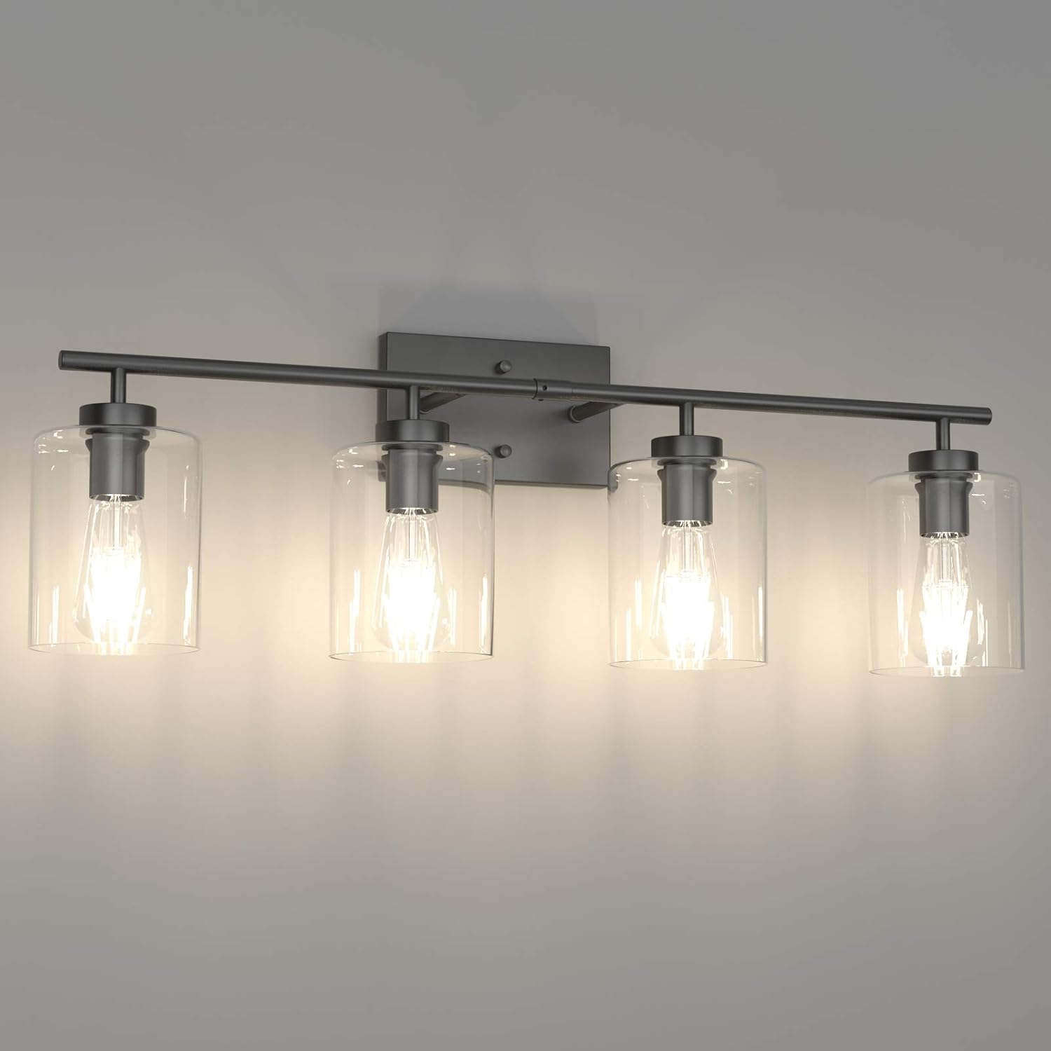 Aipsun 4 Lights Black Bathroom Vanity Light Over Mirror with Clear Glass Shades Industrial Bathroom Light Fixtures (Exclude Bulb)