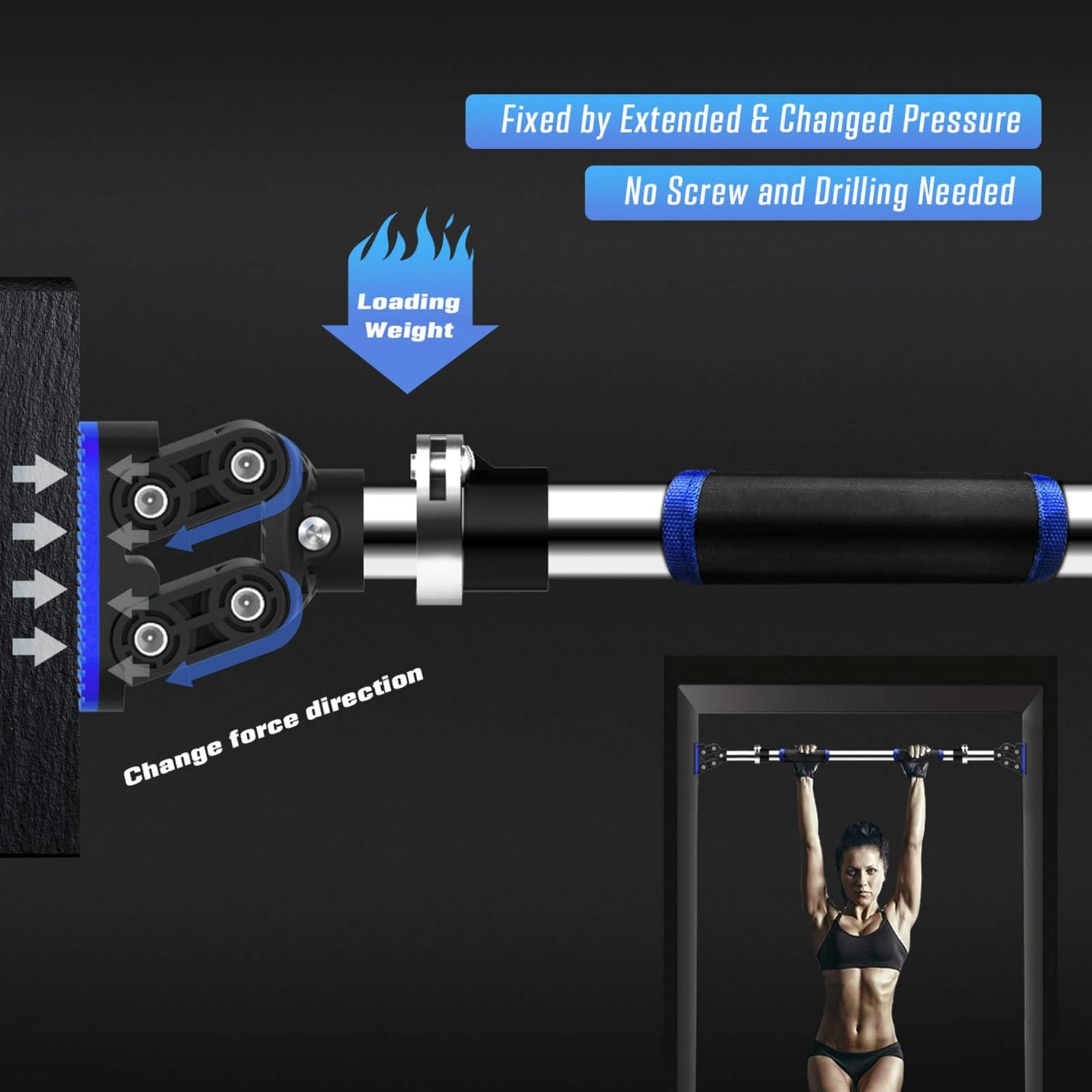 FEIERDUN Doorway Pull Up and Chin Up Bar Upper Body Workout Bar with No Screws & Safe Locking Mechanism for Home Gym Exercise Fitness Max Load 440 LBS (Blue, L28.3~36.2