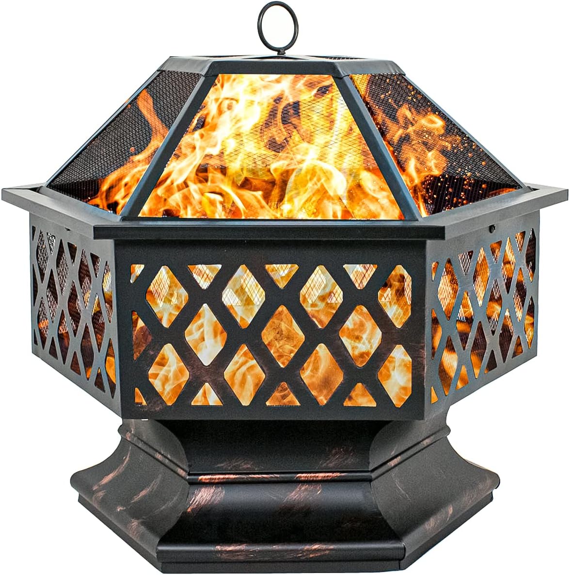 F2C Hex-Shaped Fire Pit for Garden 24 Inch Wood Burning Bonfire Firebowl Outdoor Portable Steel Firepit with Flame-Retardant Mesh Lid, Poker for Patio Backyard Garden Beach Camping Picnic